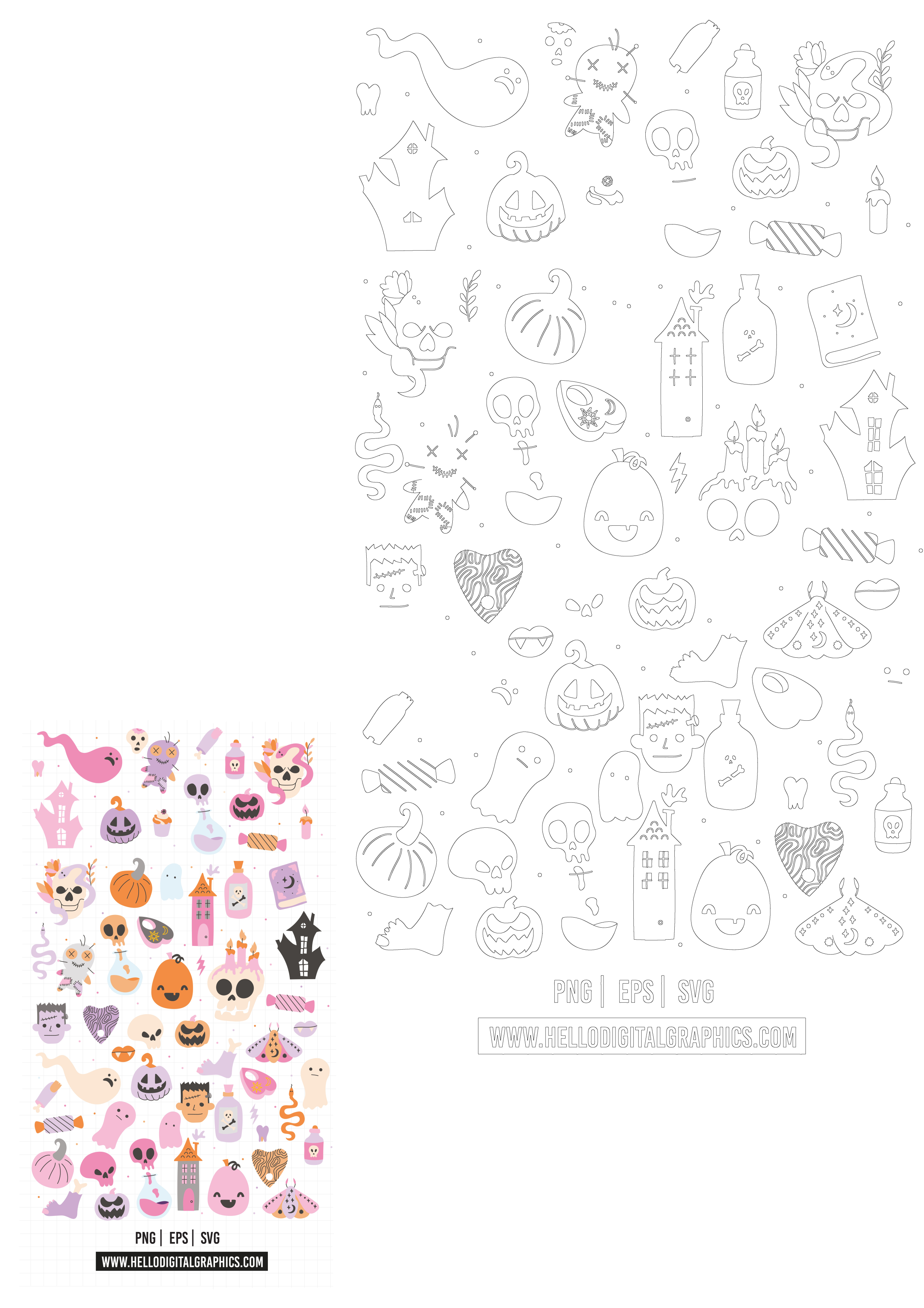 Cute Halloween vector graphics featuring ghosts, pumpkins, skulls, haunted houses & candies, perfect for spooky designs.