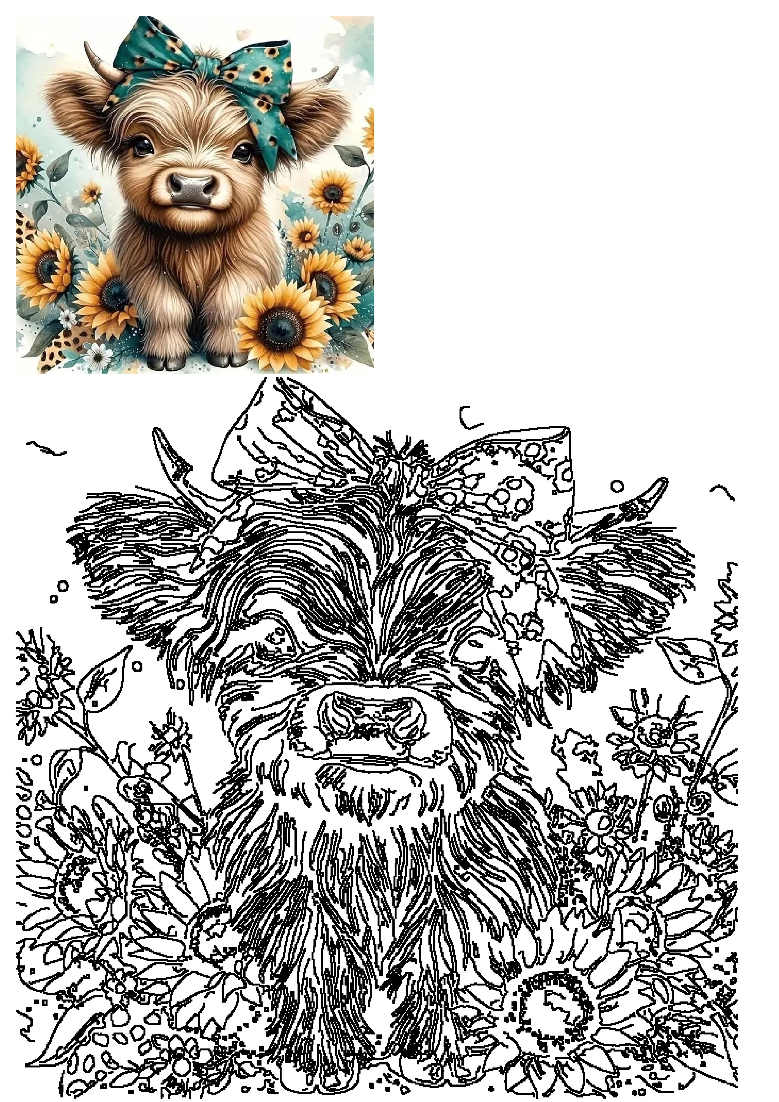 A charming baby Highland cow with a bandana and sunflowers design for a Diamond Art Painting Kit, perfect for adults and beginners.
