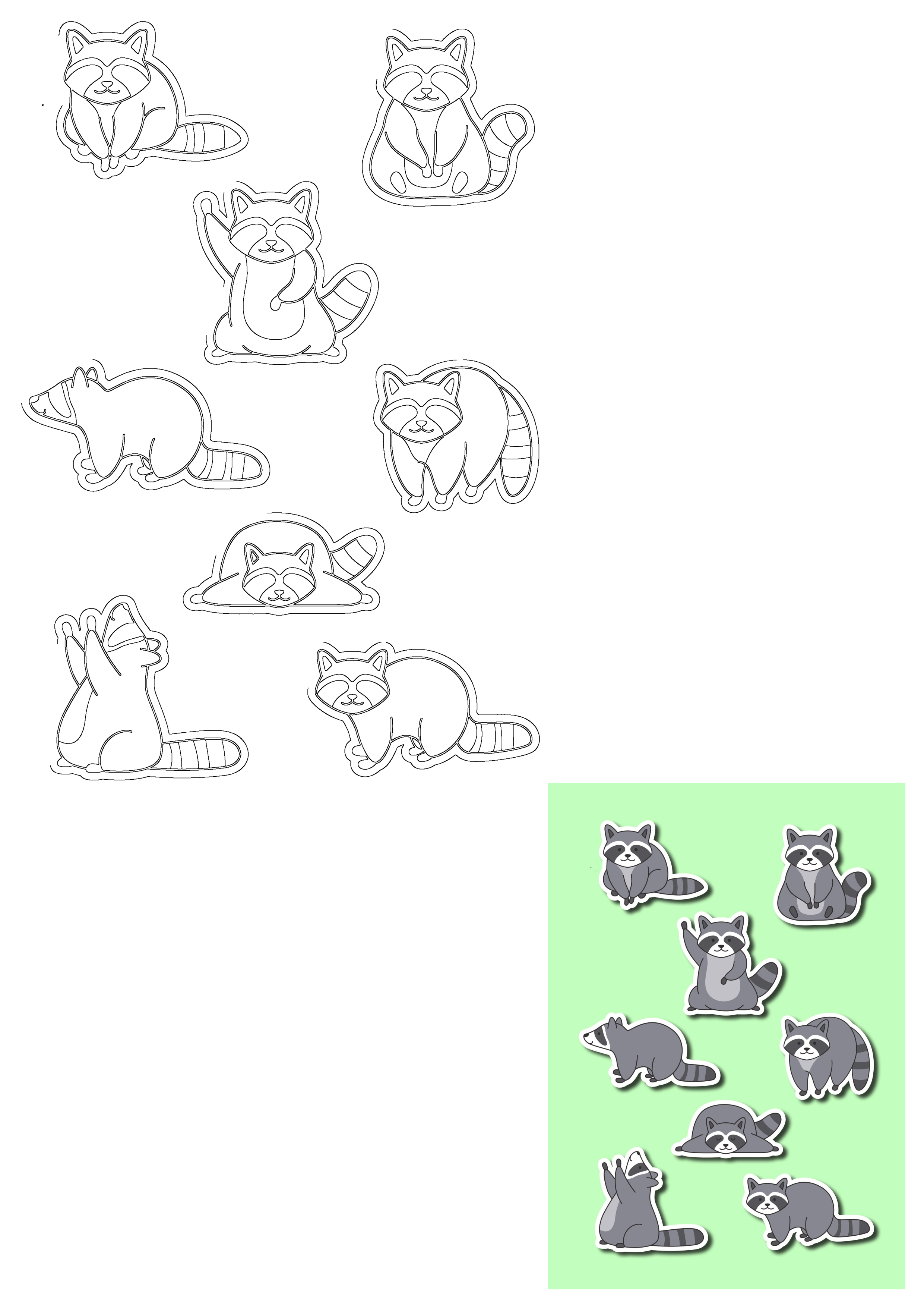 A sheet of cute cartoon raccoon stickers, presented as both playful outlines and vibrant colored illustrations in various poses.