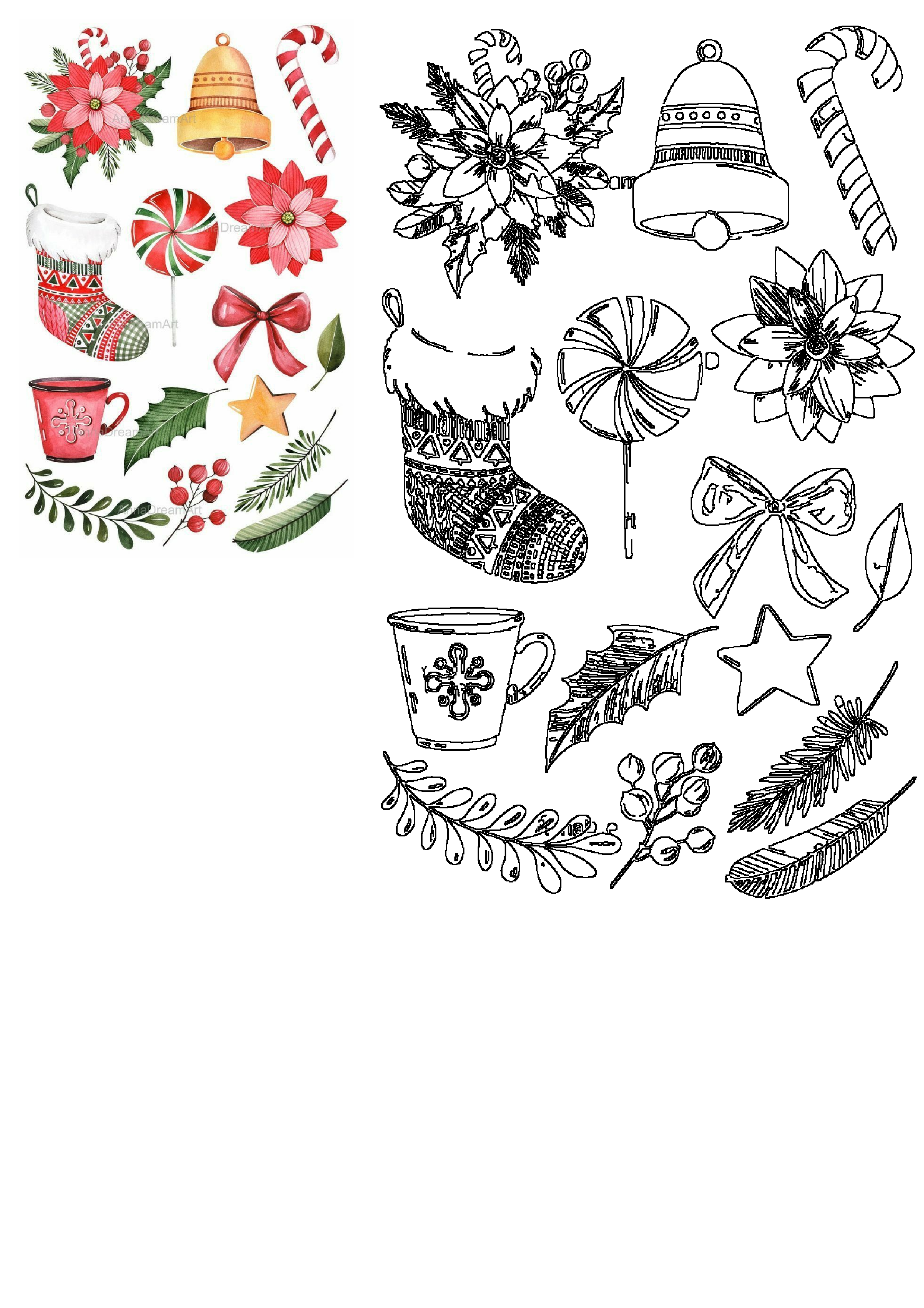 Vibrant watercolor and outline Christmas holiday elements featuring poinsettia, bell, candy cane, stocking, mug, holly, berries, star, and bow.