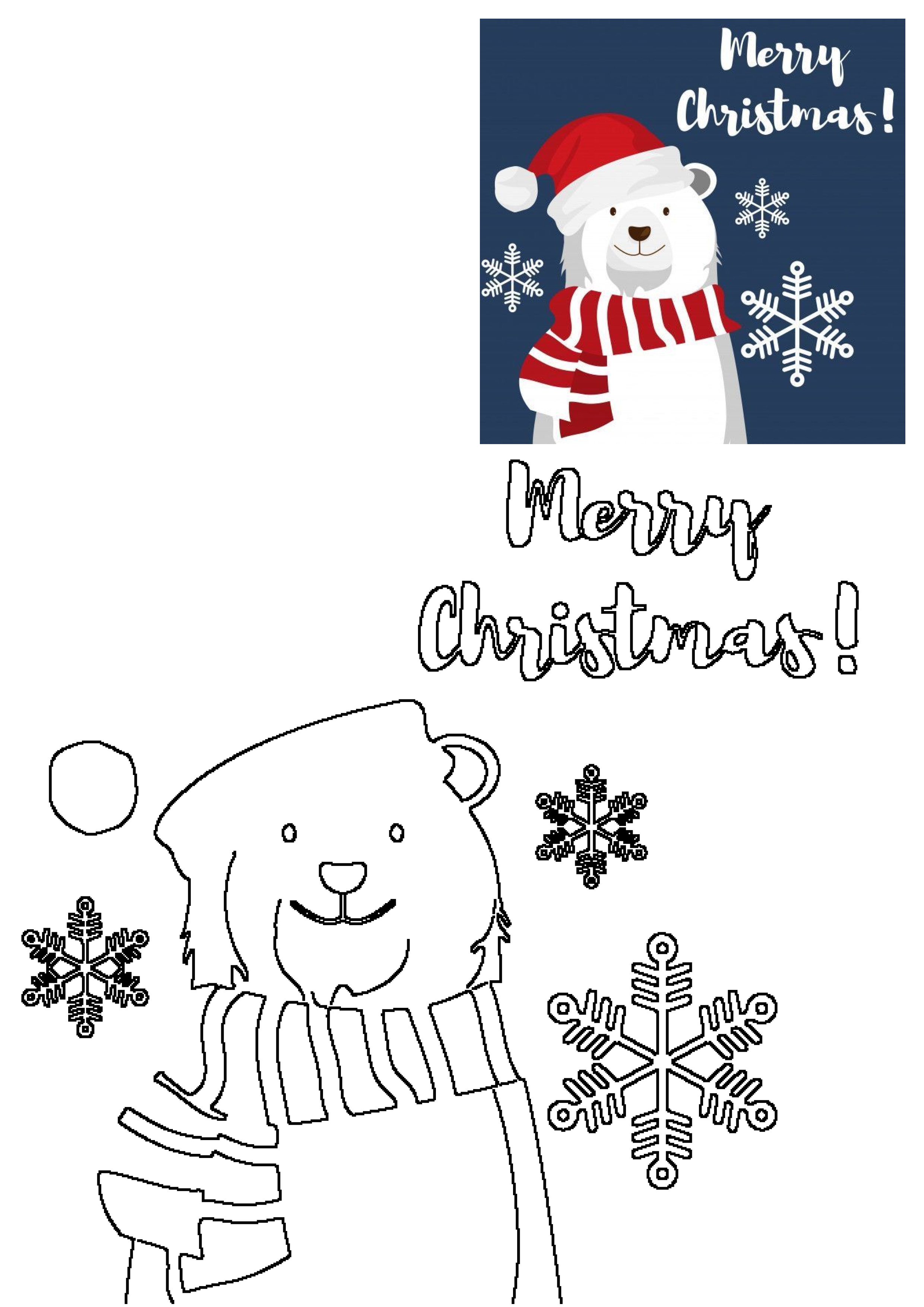 Joyful polar bear wearing a Santa hat and scarf for Christmas, presented as both a colorful illustration and a fun outline activity.