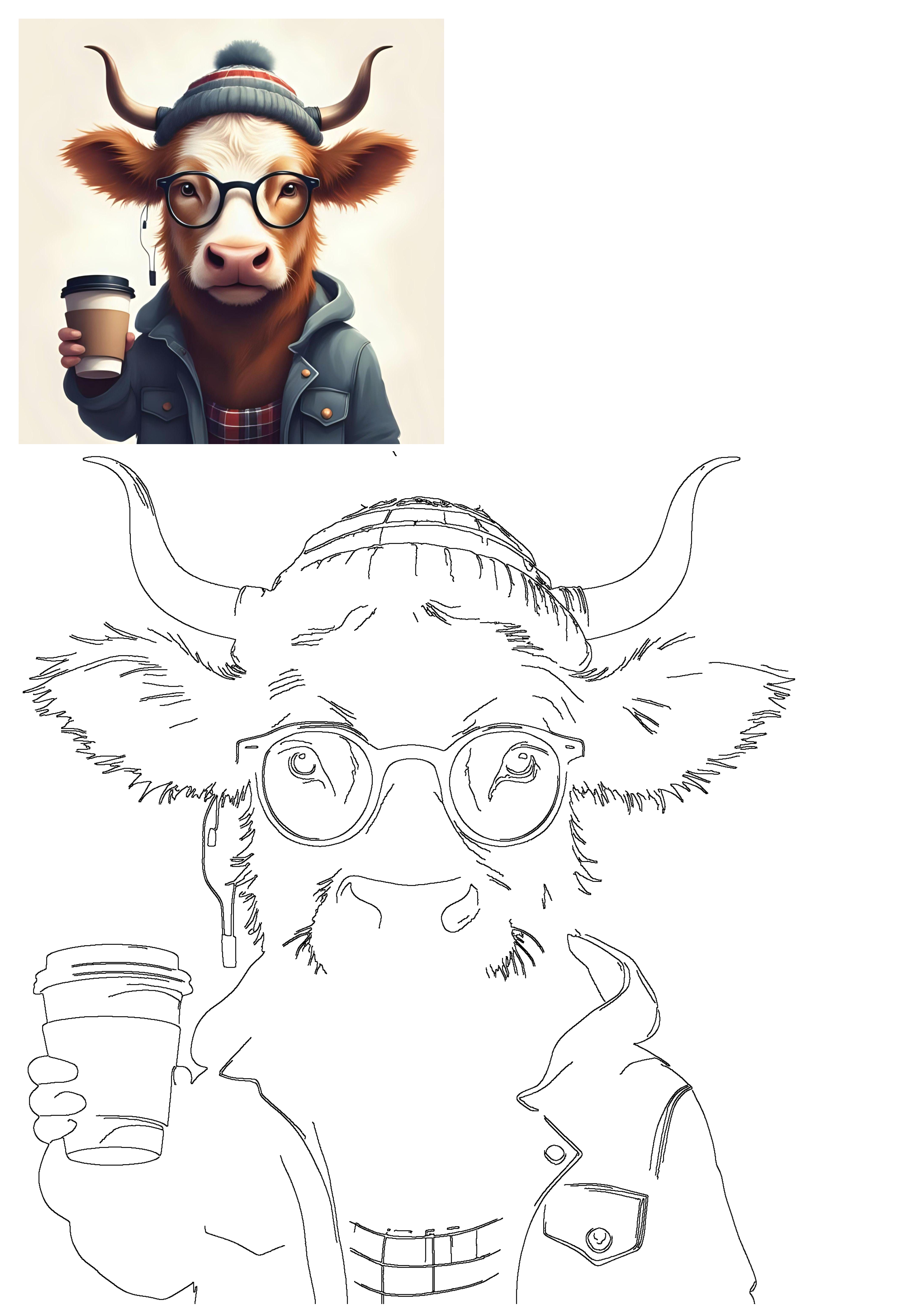 A cute, furry hipster Highland cow in a beanie, glasses, and jacket, holding a coffee cup. Perfect clipart PNG download.