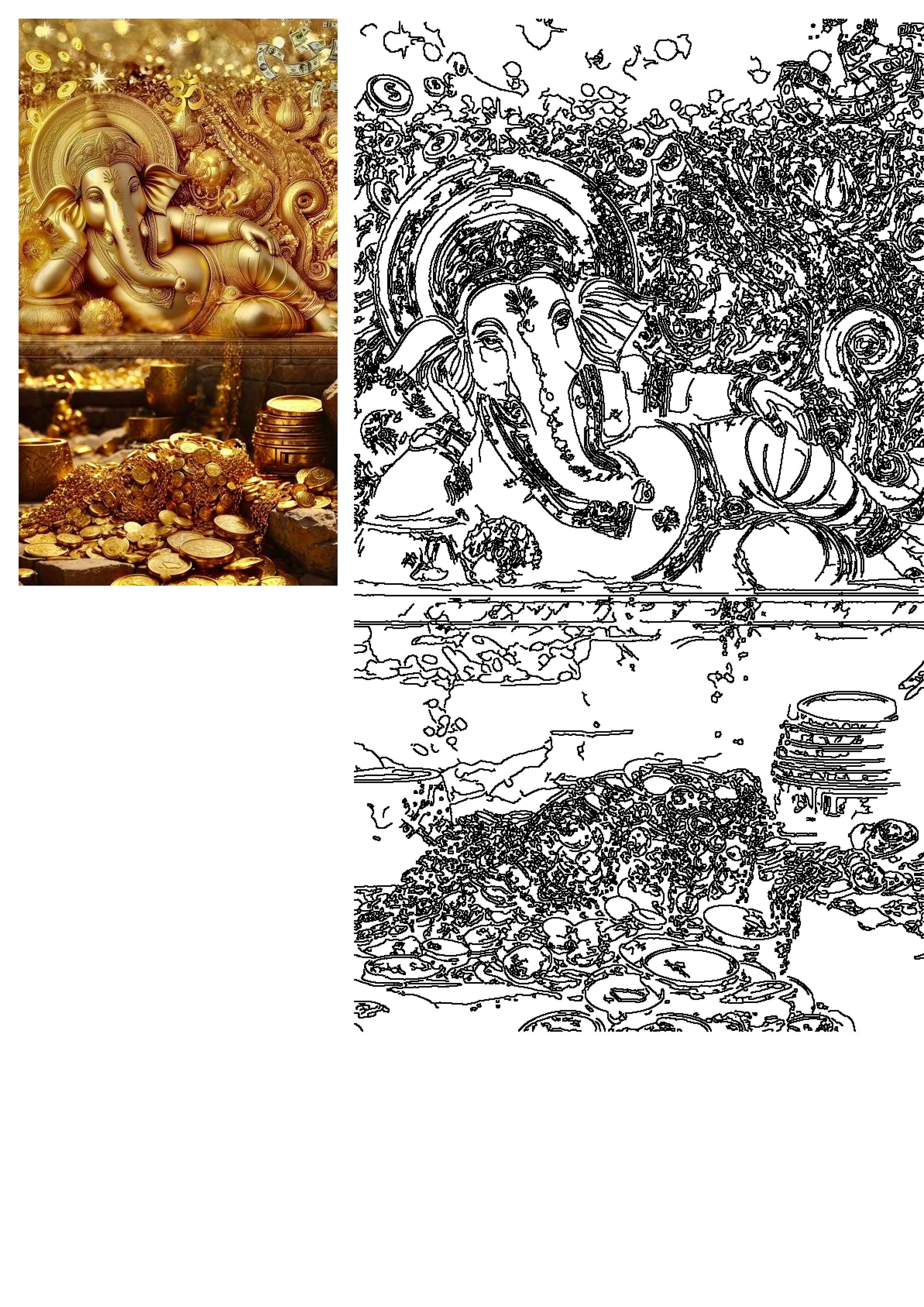 Golden Ganesha reclining on a mountain of gold coins and money, symbolizing wealth, prosperity, and good fortune.