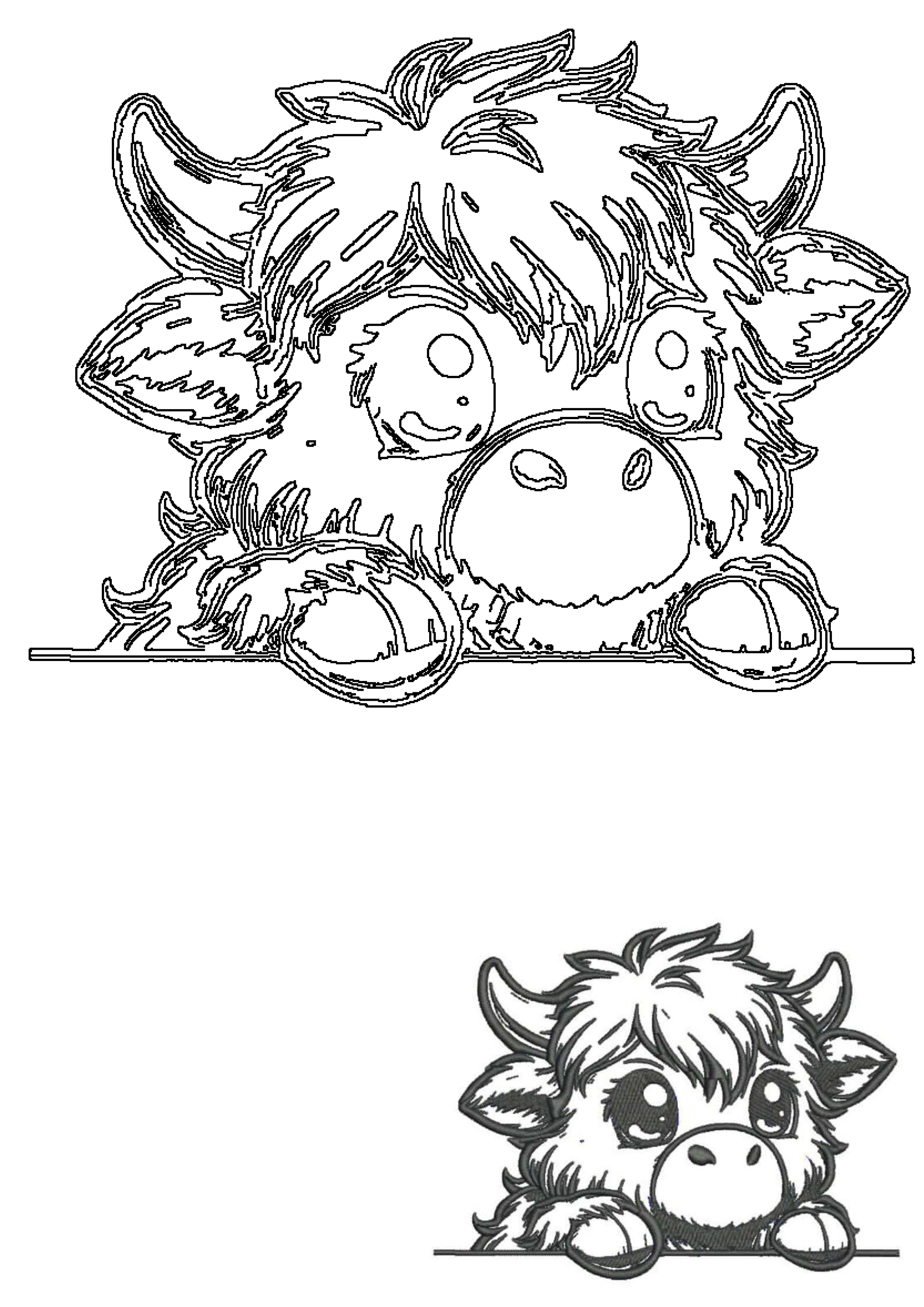 An adorable outline sketch of a cute Highland cow cartoon, peeking with big, dreamy eyes and fluffy hair, deep in a daydream.