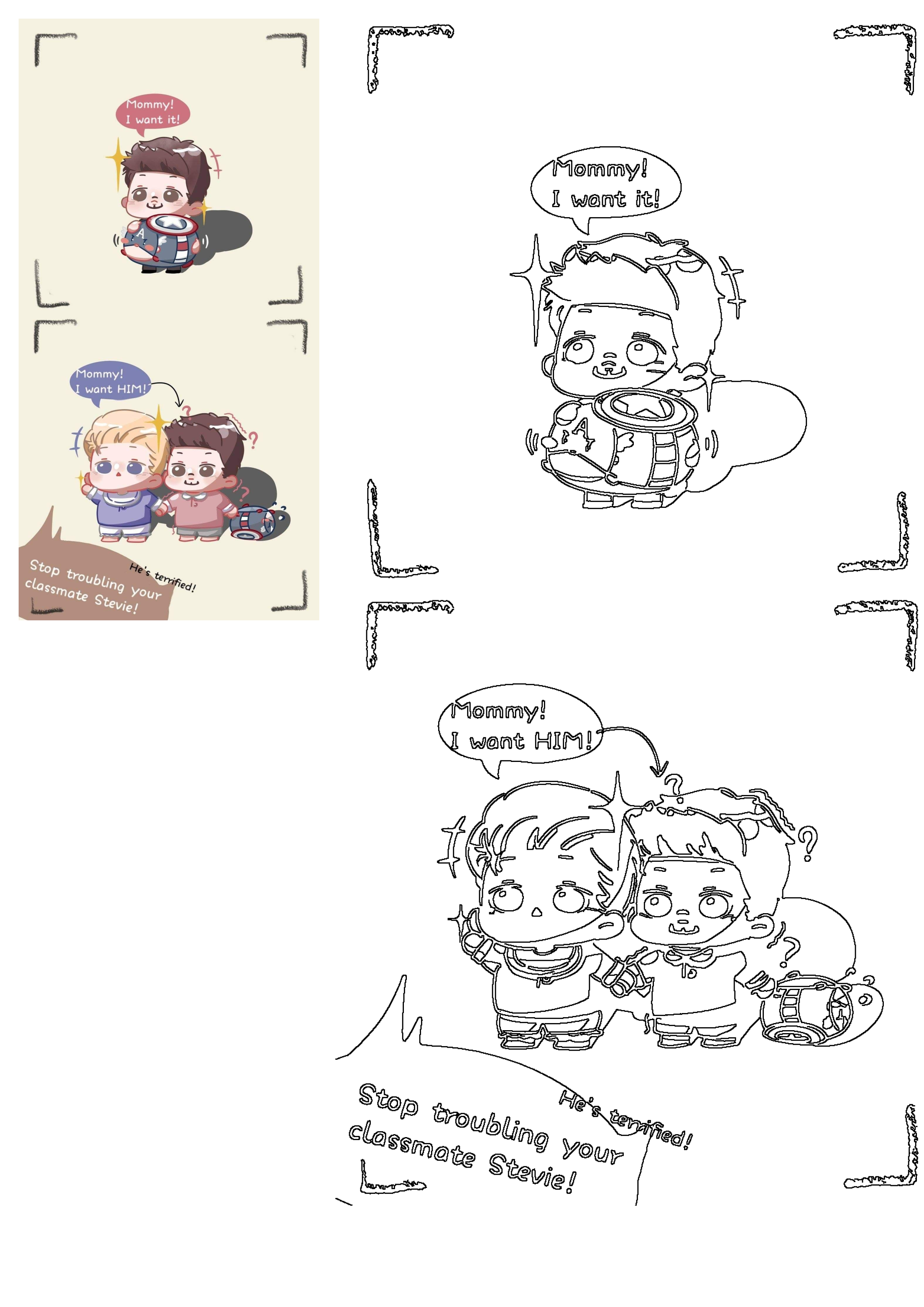 A cute Mika Avengers chibi comic strip depicting a mischievous Tony Stark wanting a terrified Captain America (Stevie). Includes line art.