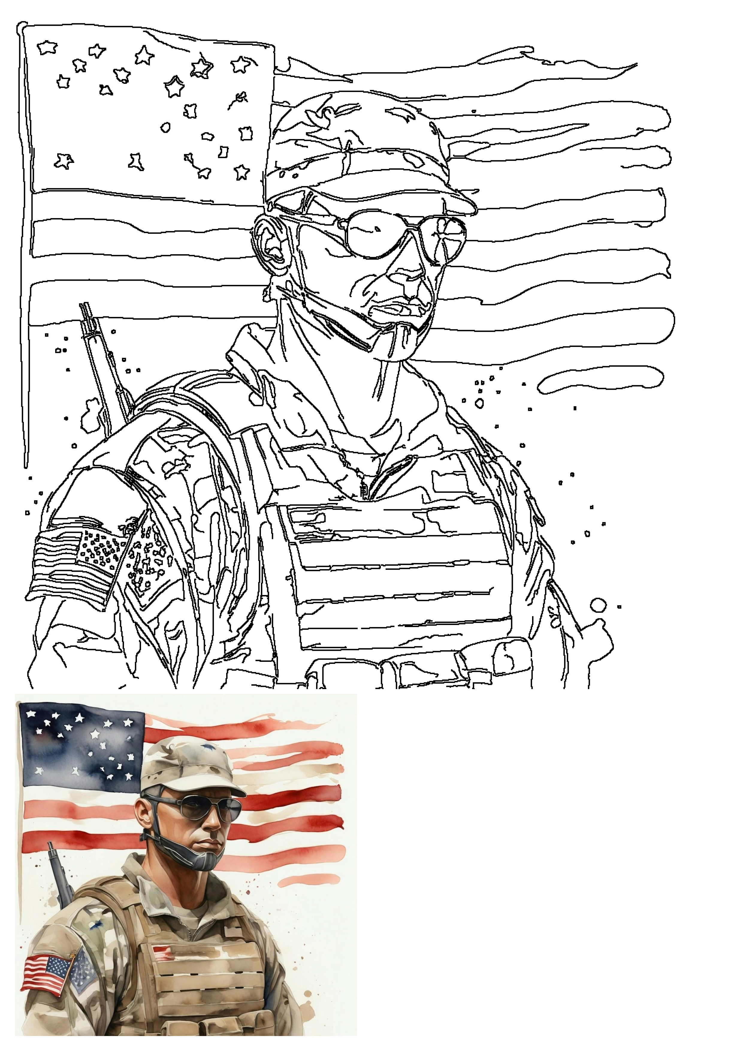 Striking watercolor line art of an American military soldier in uniform, tactical gear, and sunglasses, with a proud US flag backdrop.