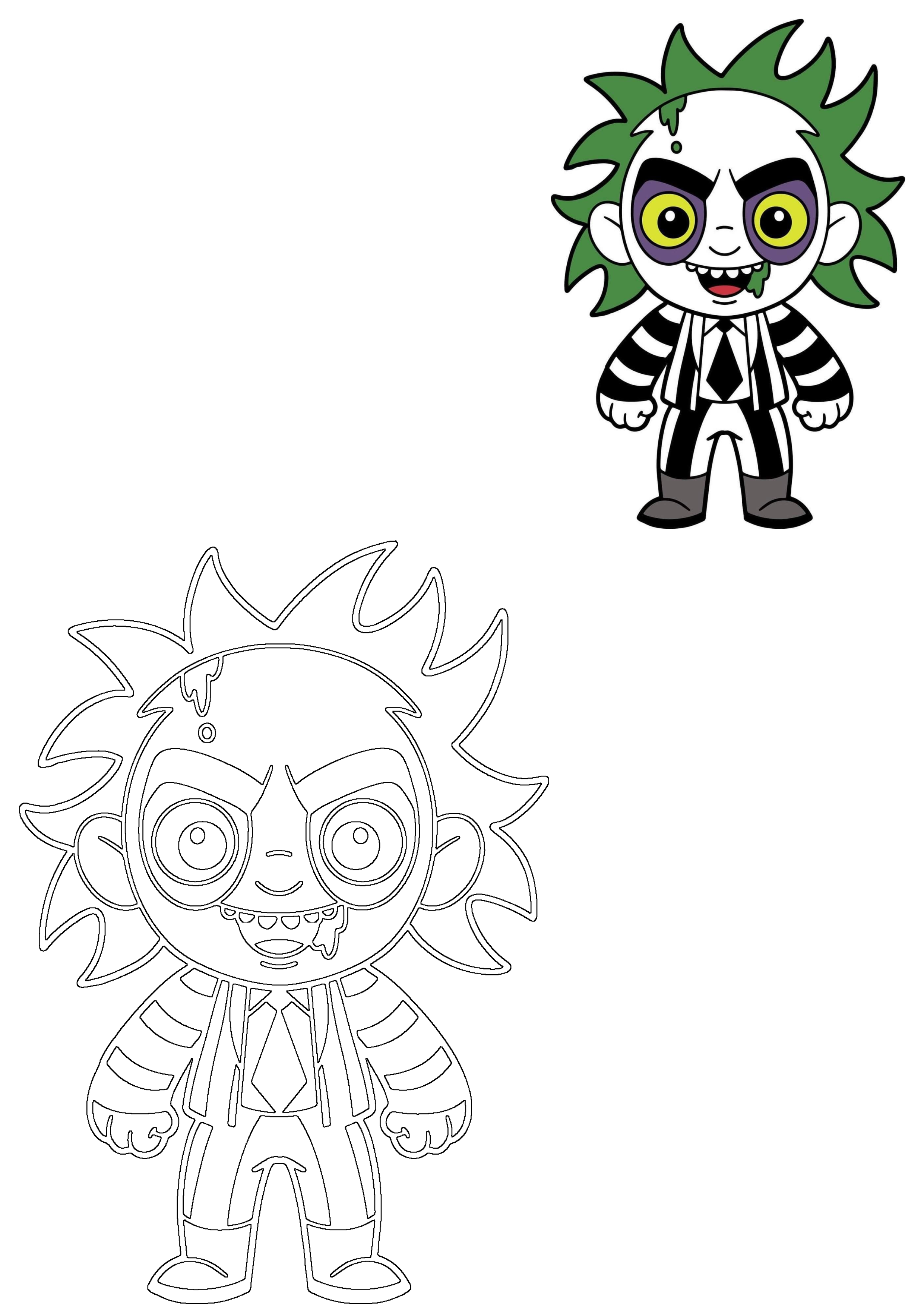 A vibrant chibi cartoon Beetlejuice character illustration with green hair, yellow eyes, and iconic striped suit, plus a line art version.
