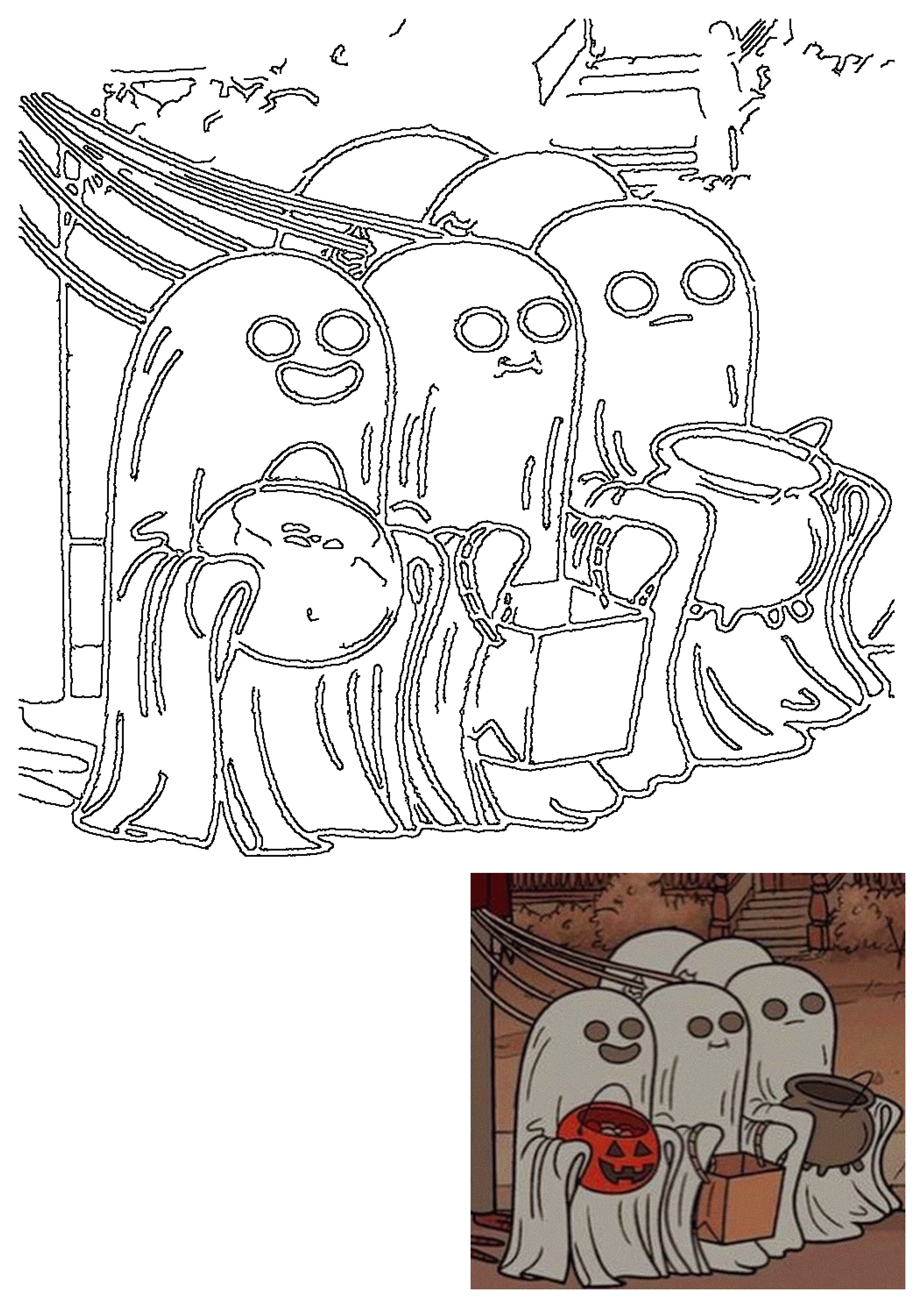 Four cartoon ghosts trick or treating, holding Halloween candy buckets including a jack-o'-lantern, bag, and cauldron.