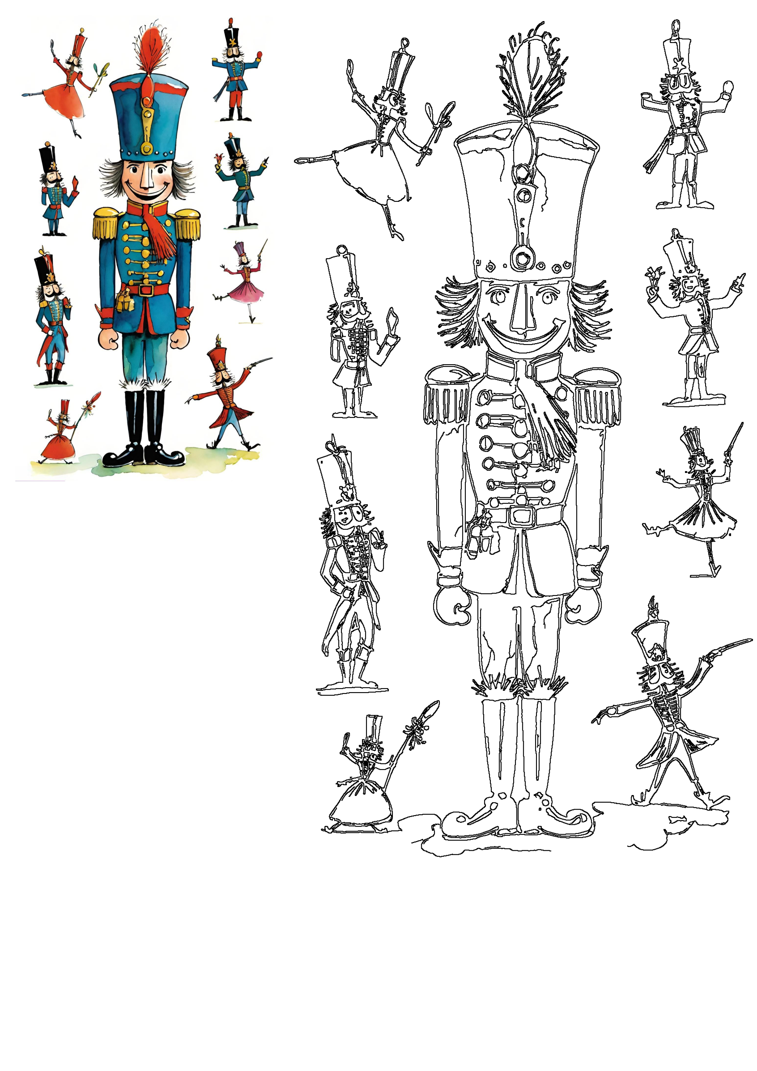 Vibrant Nutcracker ballet characters: a grand soldier in blue, dancers, and more, shown in watercolor and matching outline styles.