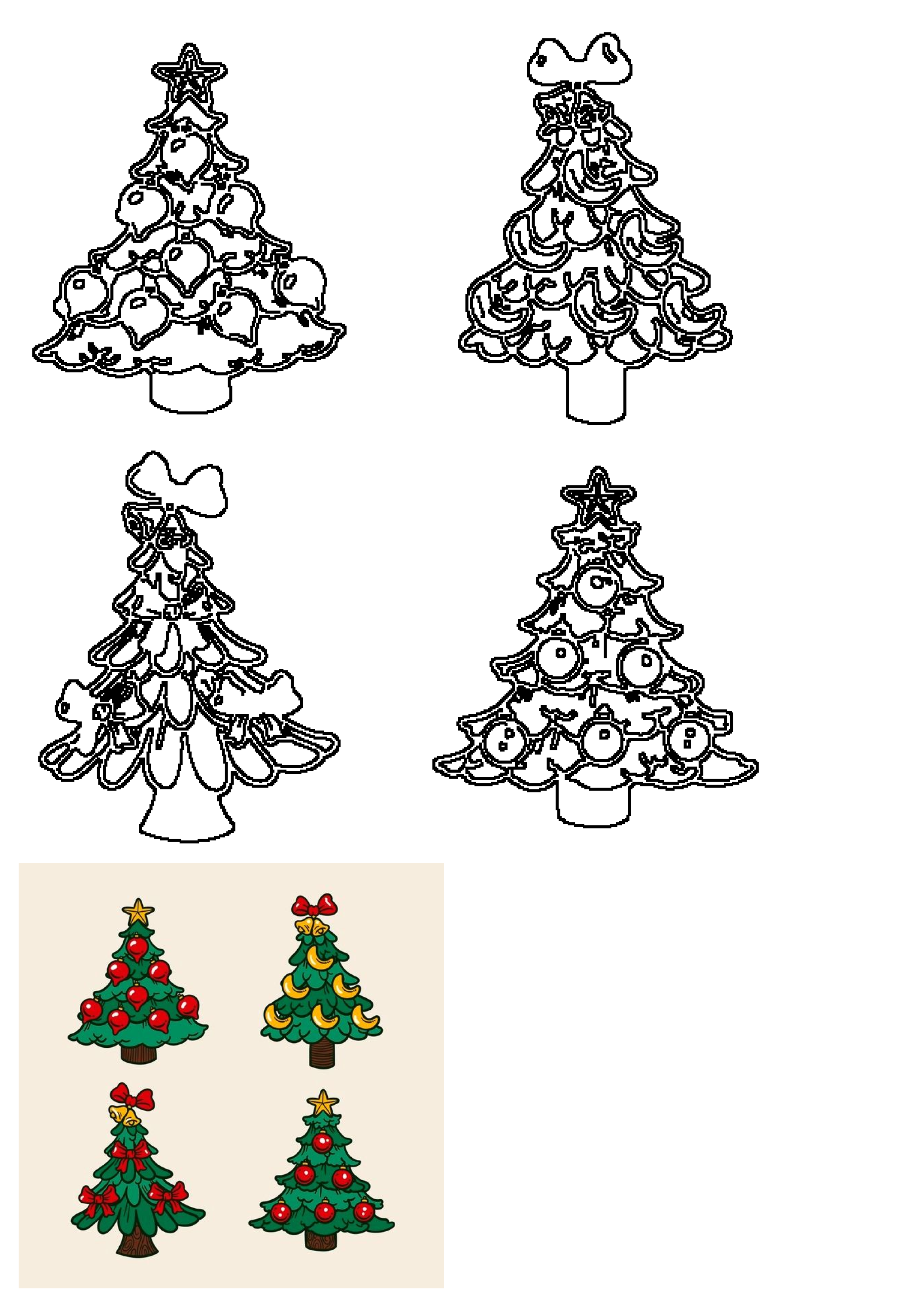 Various Christmas tree designs including black outline art and colorful decorated versions with baubles, bows, and a star on top.