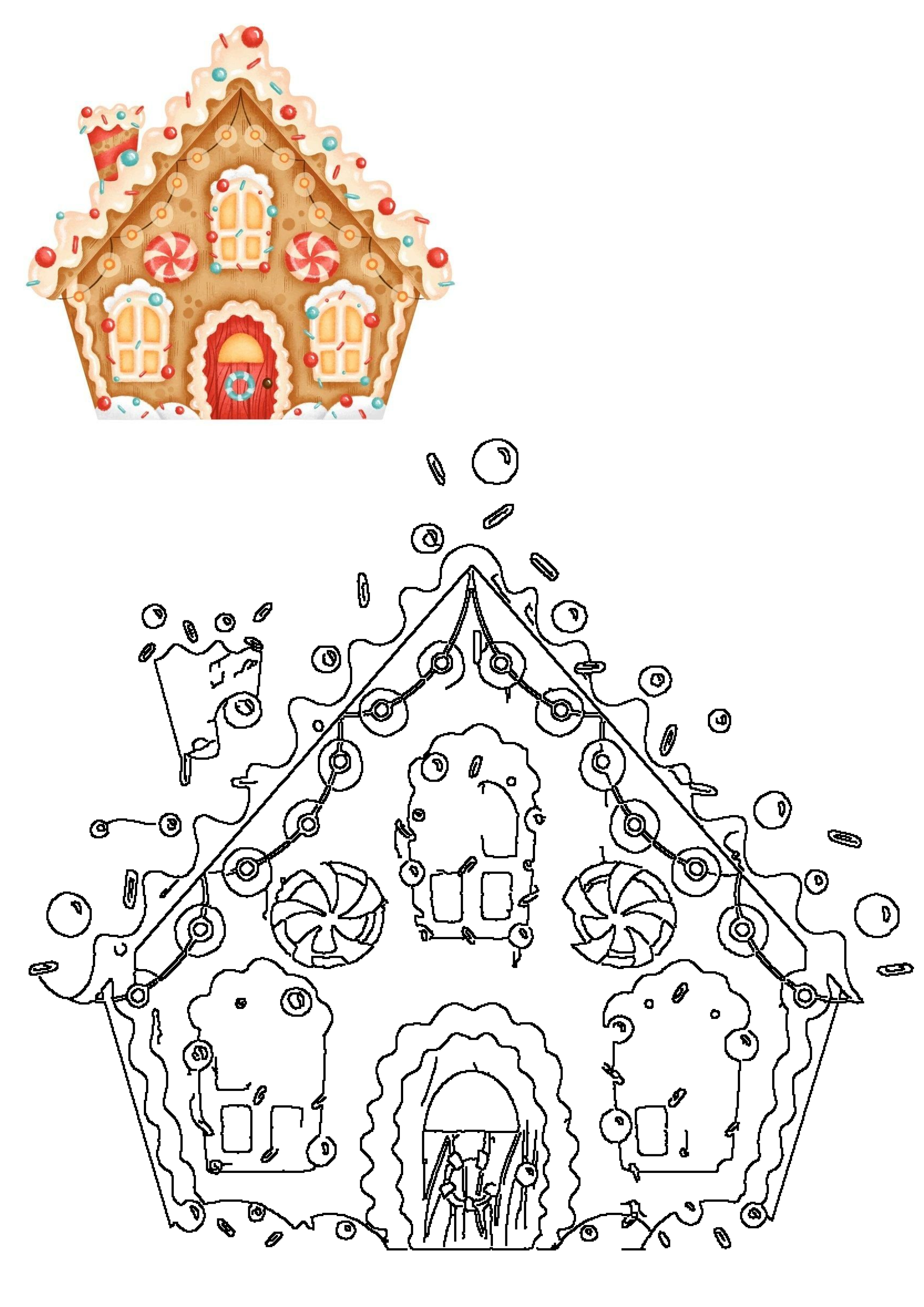 Festive gingerbread house with icing, candy, and sprinkles, featuring its black and white outline for creative coloring fun.