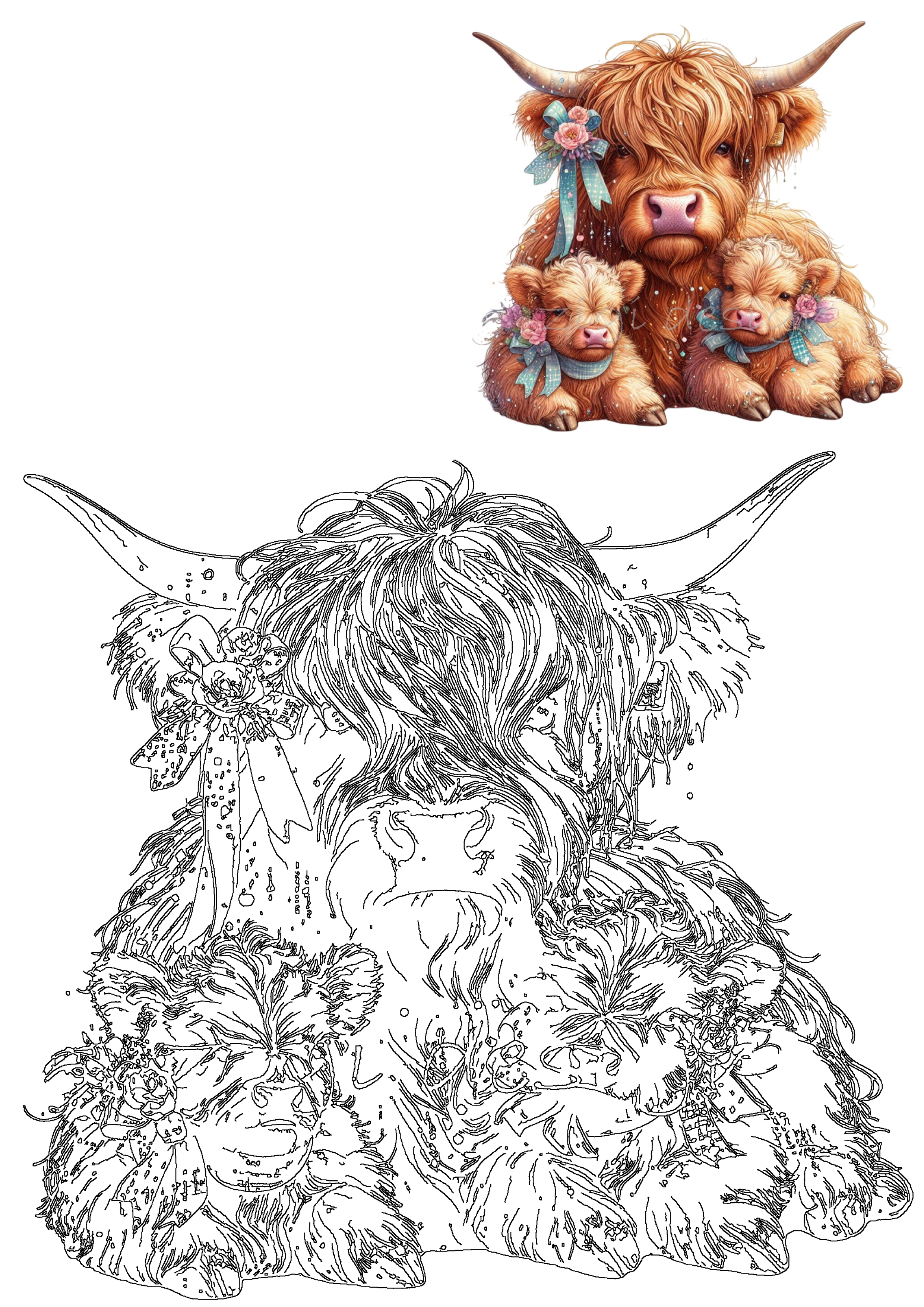 A beautiful watercolor-style clipart of a Highland cow family: a mom and two cute calves, all wearing charming floral bows. Perfect for spring designs.