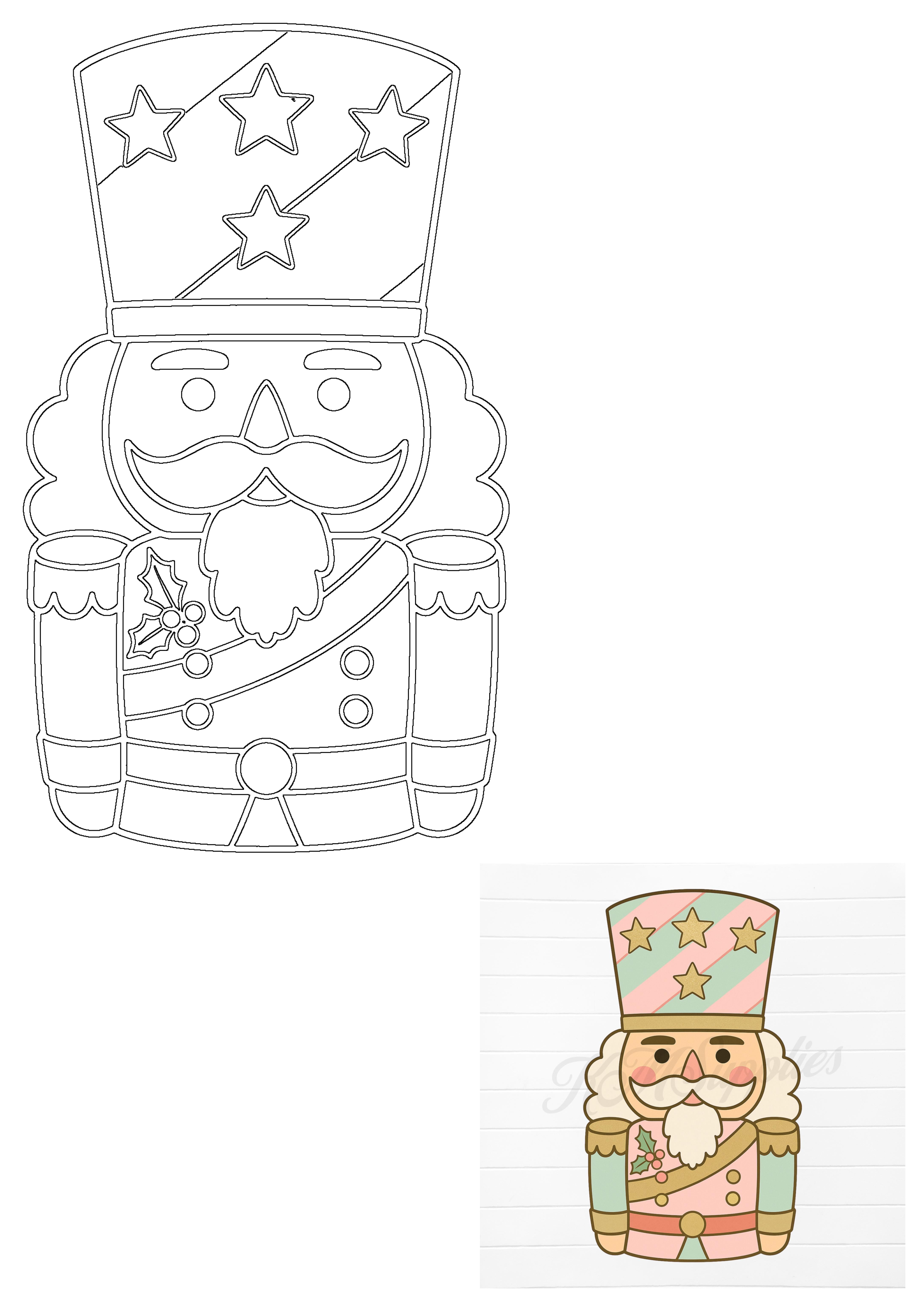 Outline drawing of a charming Christmas nutcracker soldier with a star-decorated hat and holly. Features a festive, cute, pastel-inspired design.