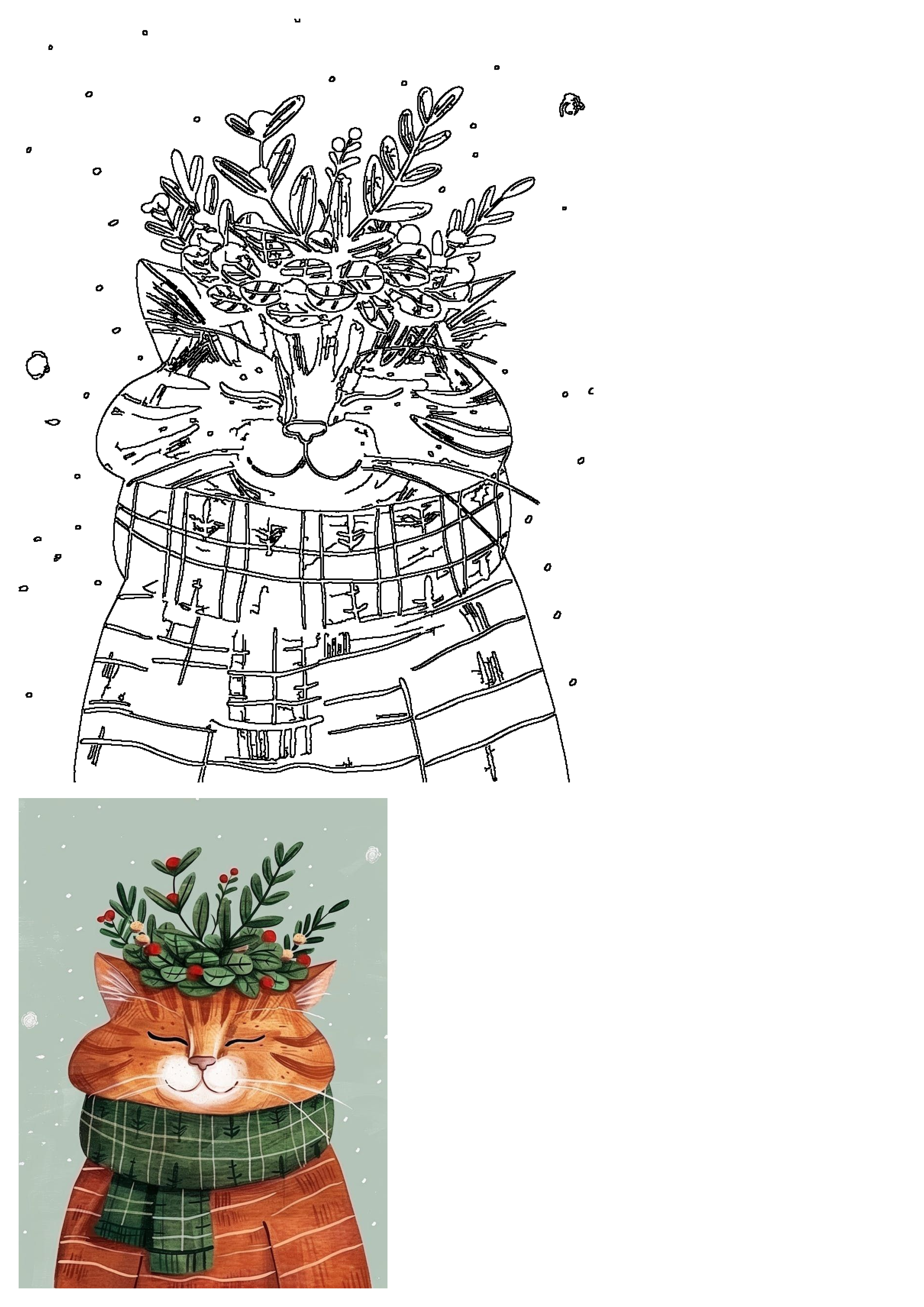 Adorable ginger cat smiling, wearing a festive winter wreath of leaves and red berries, a cozy green scarf, with falling snowflakes.