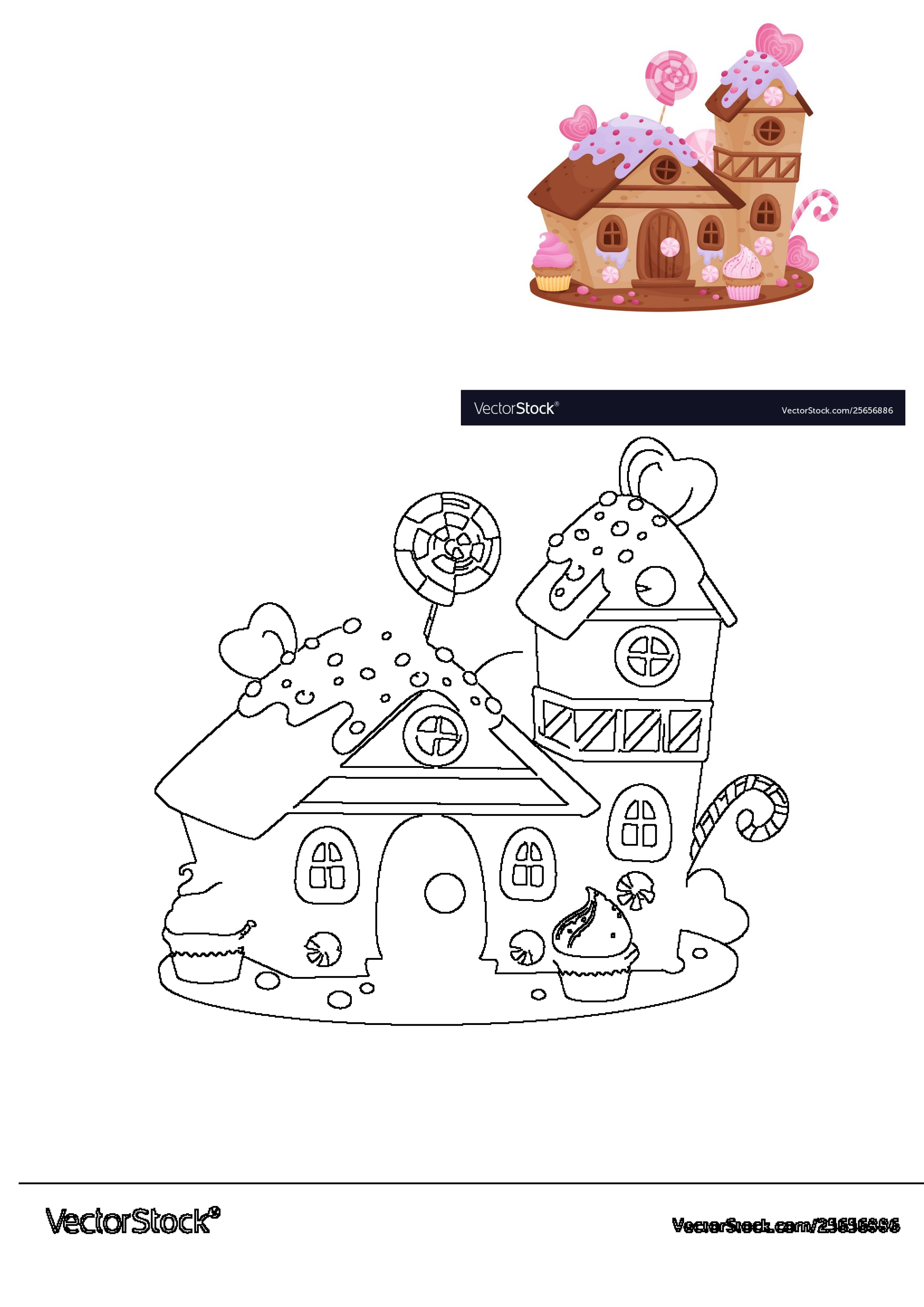 Whimsical cartoon candy house illustration with pink and purple icing, hearts, lollipops, and cupcakes. A sweet fantasy design.