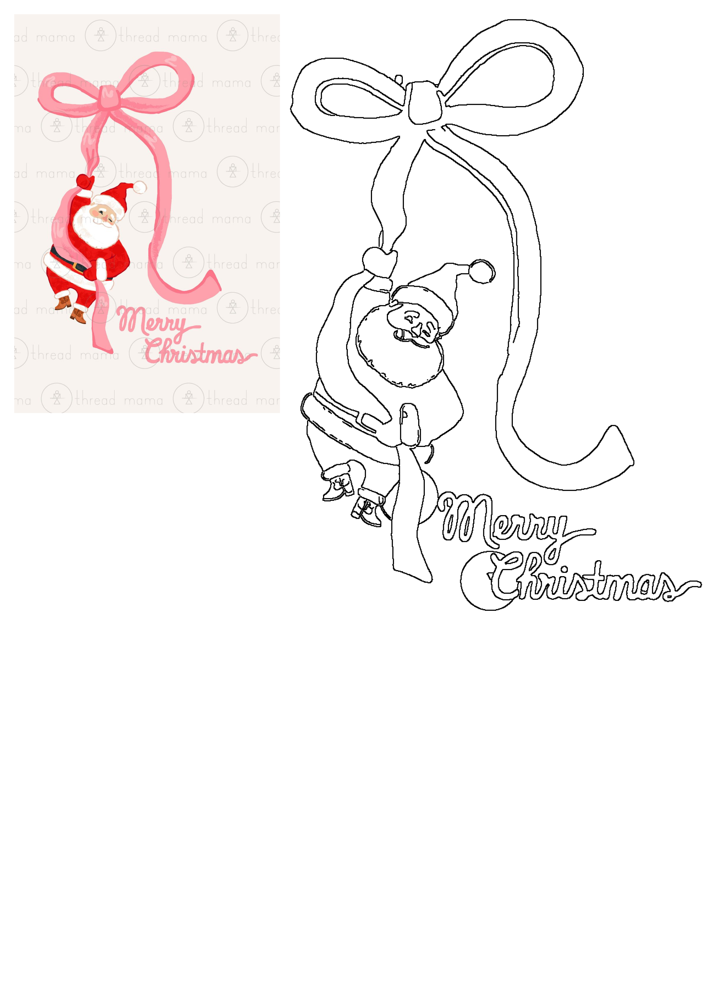 Charming Santa Claus hanging from a pink ribbon, with 'Merry Christmas' text. Includes colored illustration and black line art outline.