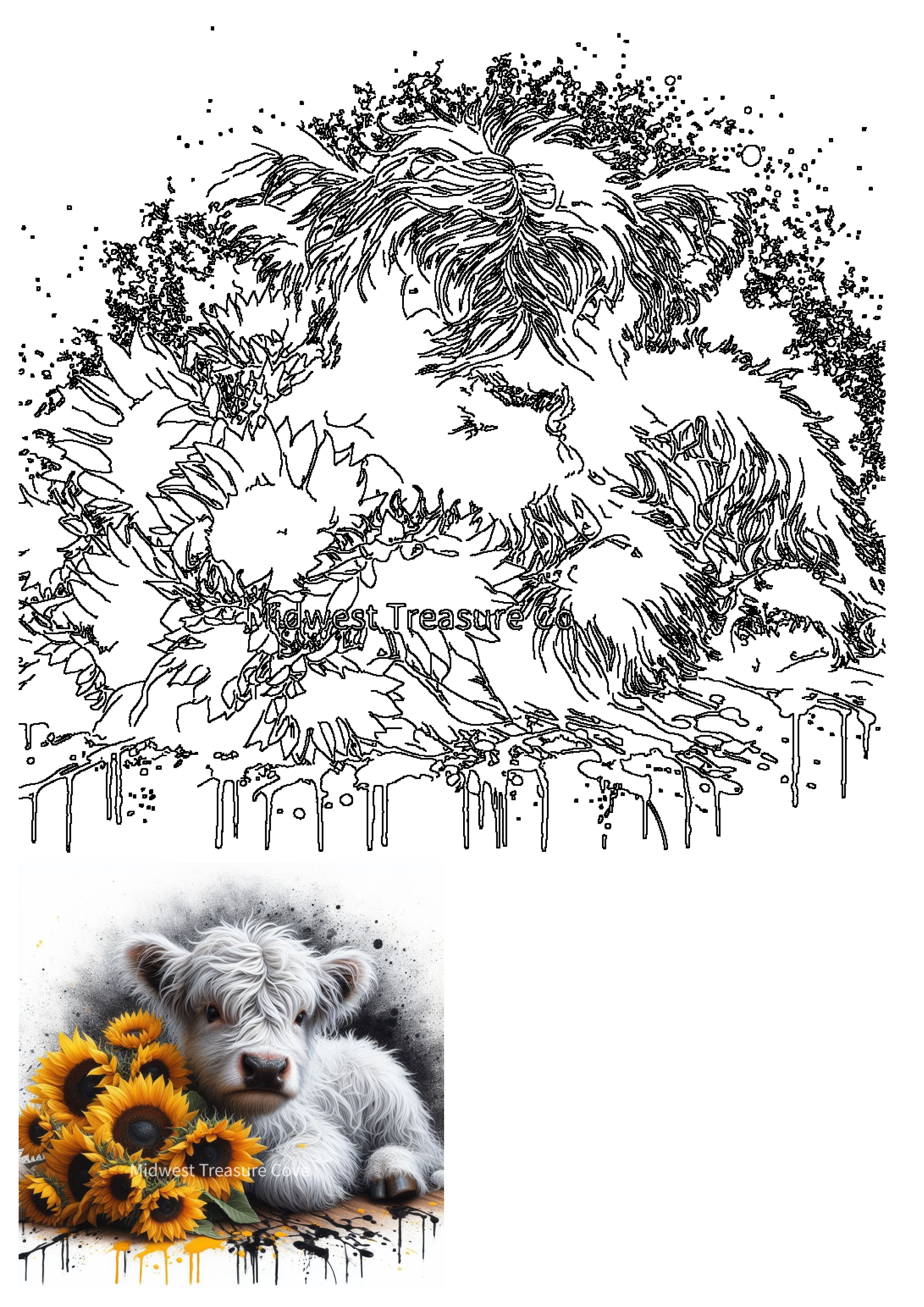 Adorable white fluffy calf nestled amongst vibrant yellow sunflowers in a beautiful watercolor painting with artistic paint splatters.