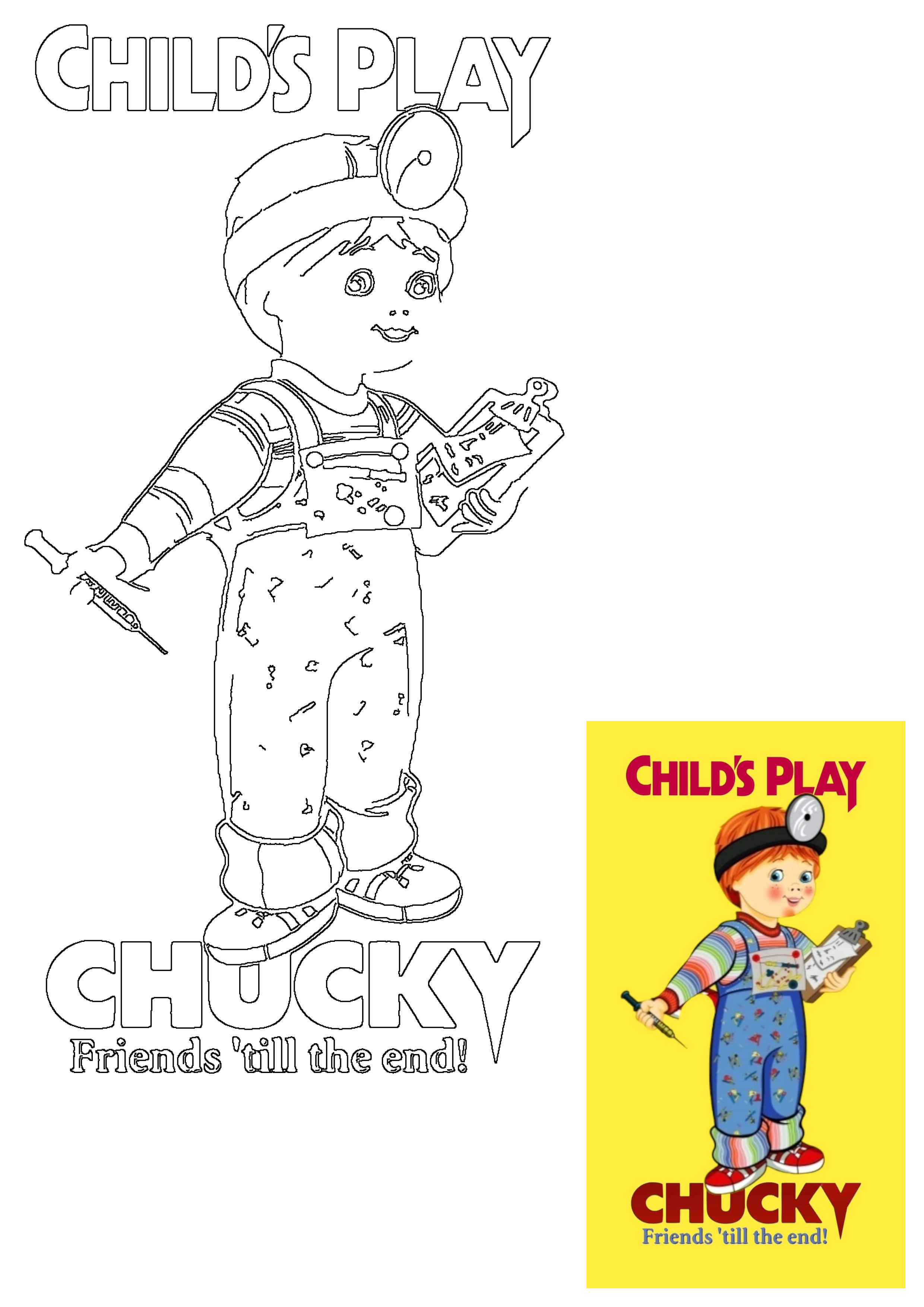 Chucky doll from Child's Play horror movie, dressed as a doctor with a syringe and clipboard, on a yellow classic sticker.