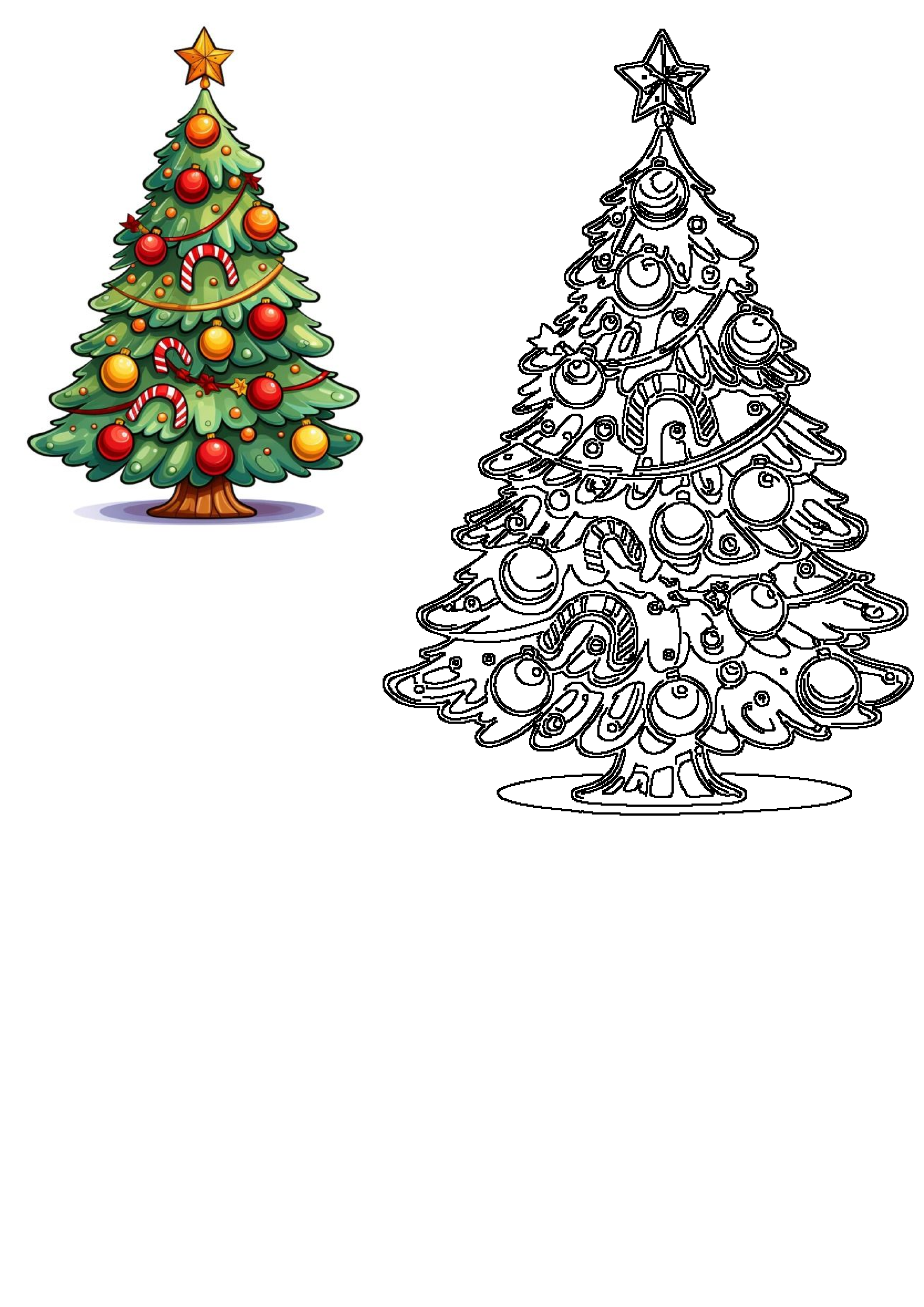 A vibrant Christmas tree illustration adorned with a golden star, red and yellow baubles, and candy canes, paired with its outline art.