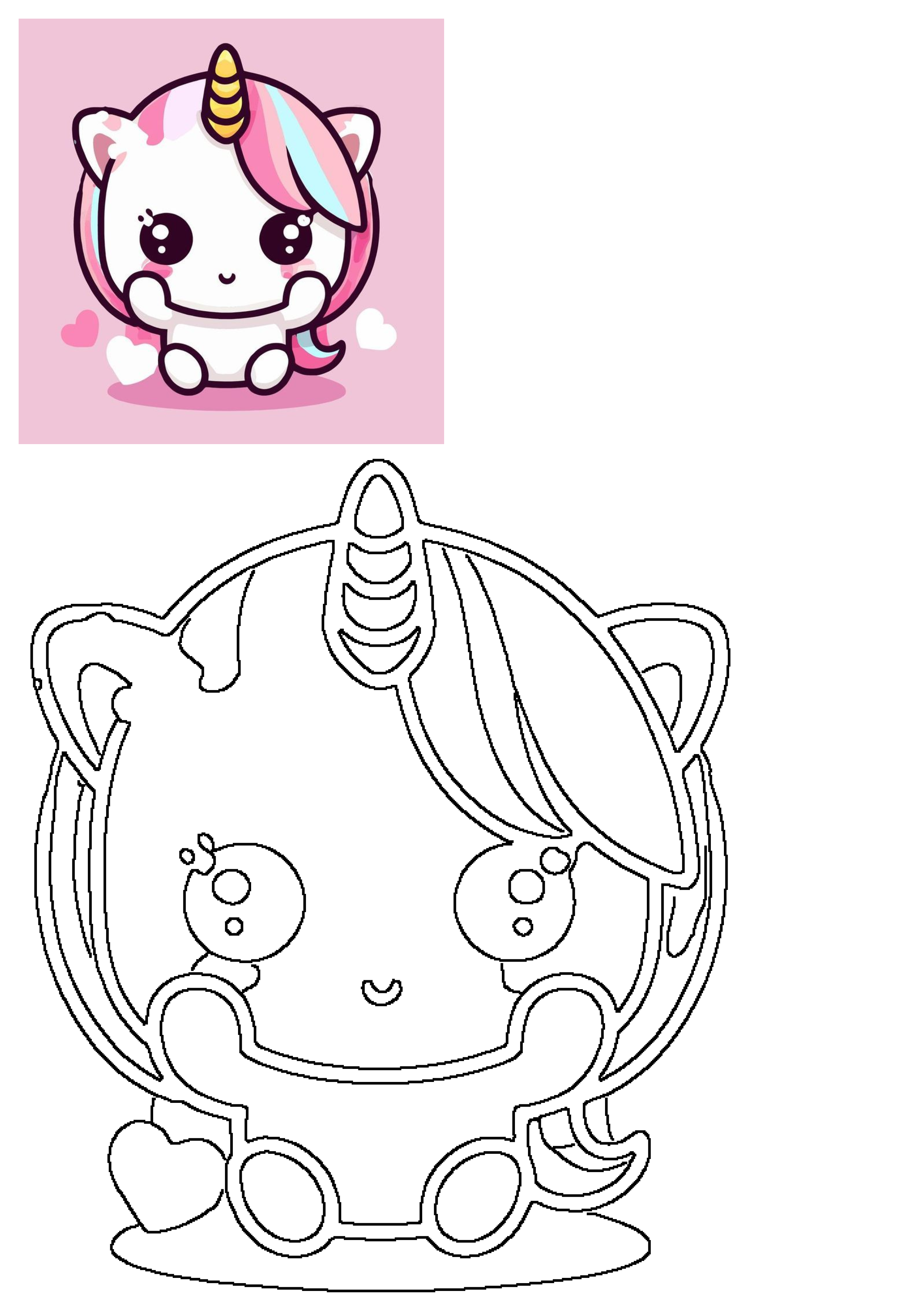 Adorable kawaii unicorn with vibrant rainbow mane, golden horn, and big sparkly eyes, sitting on a cheerful pink background with hearts.