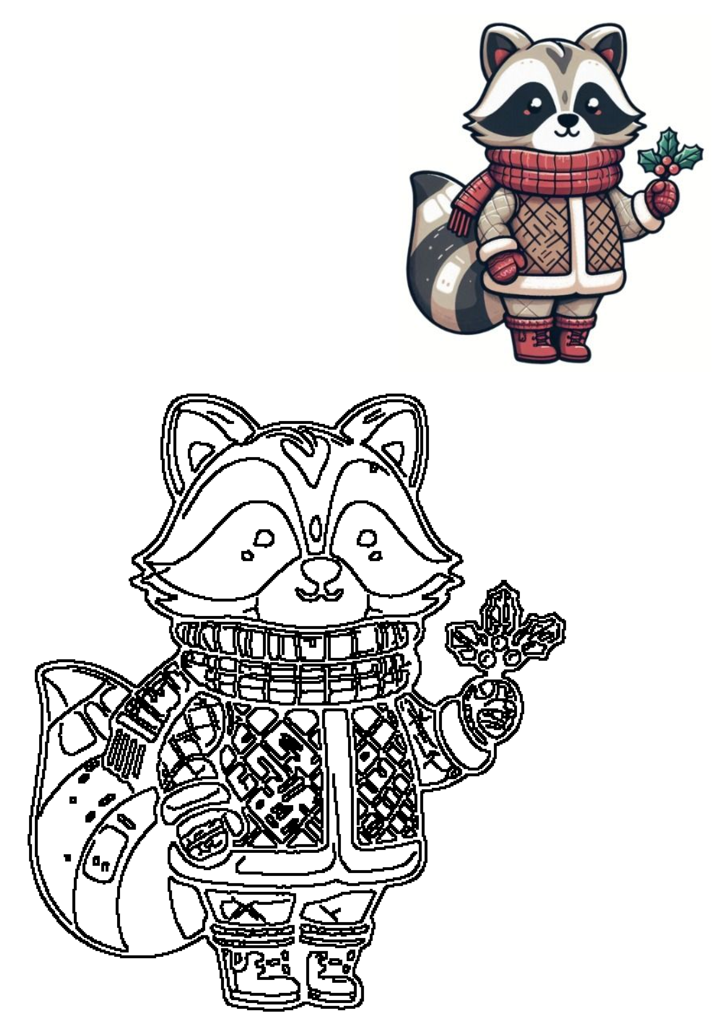 A charming raccoon in a cozy winter outfit holding a holly leaf, presented as both a vibrant illustration and a detailed coloring page outline.