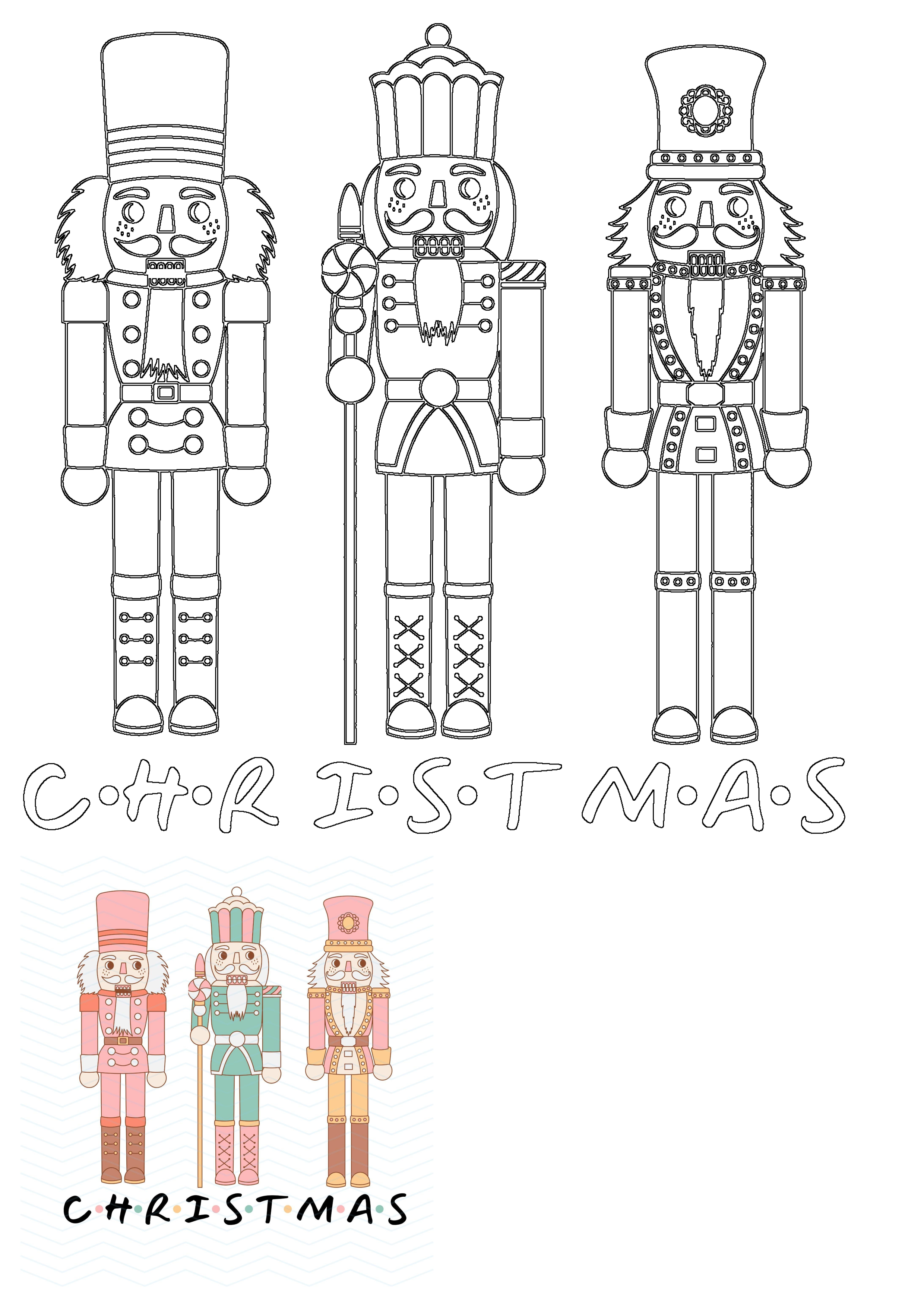 Three unique Christmas nutcracker figures in outline form, plus a set of charming pastel-colored nutcracker illustrations with 'CHRISTMAS' text.