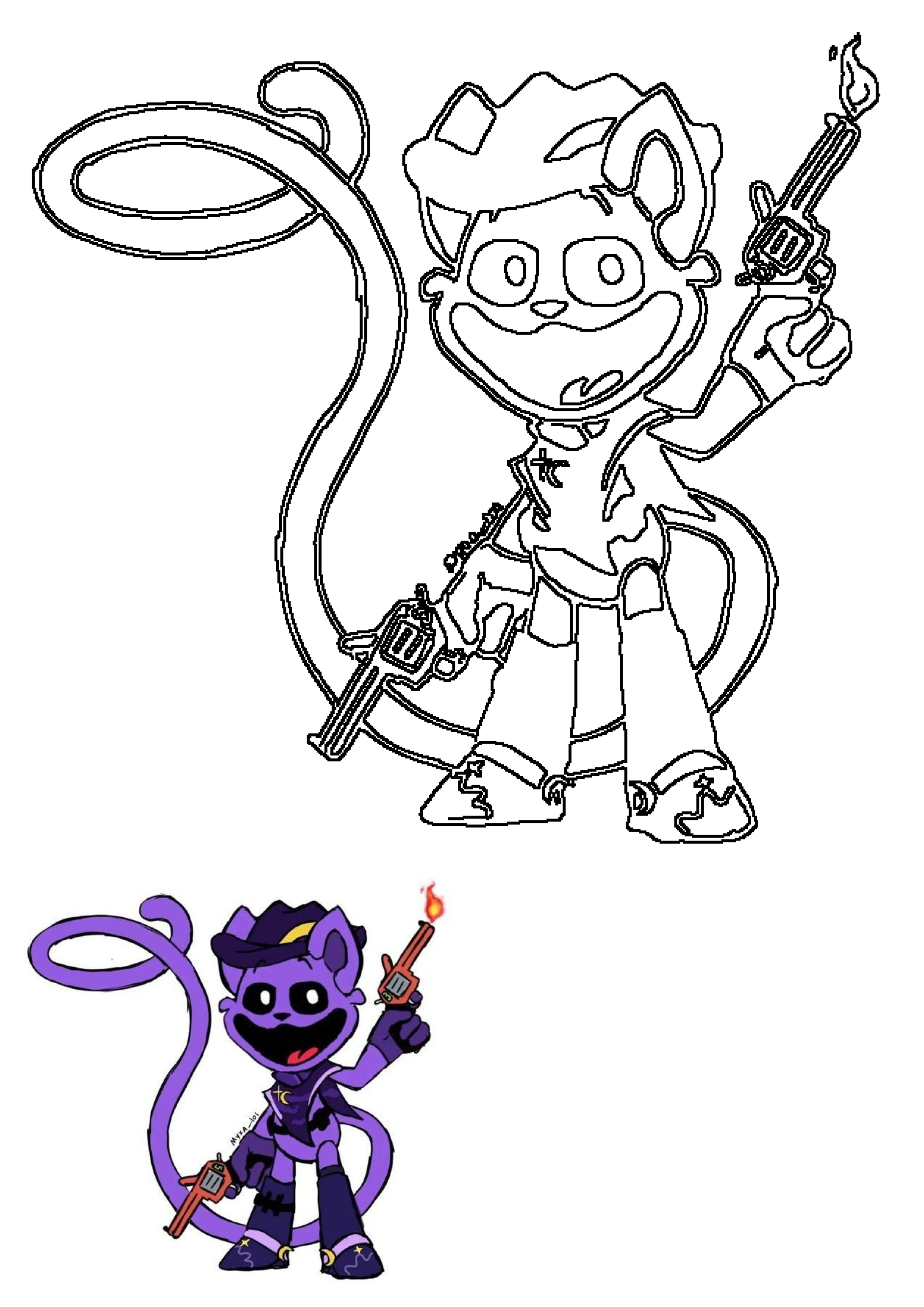 Poppy Playtime 3's Catnap character, presented as a black outline and a vibrant purple version, menacingly holds two flaming guns.
