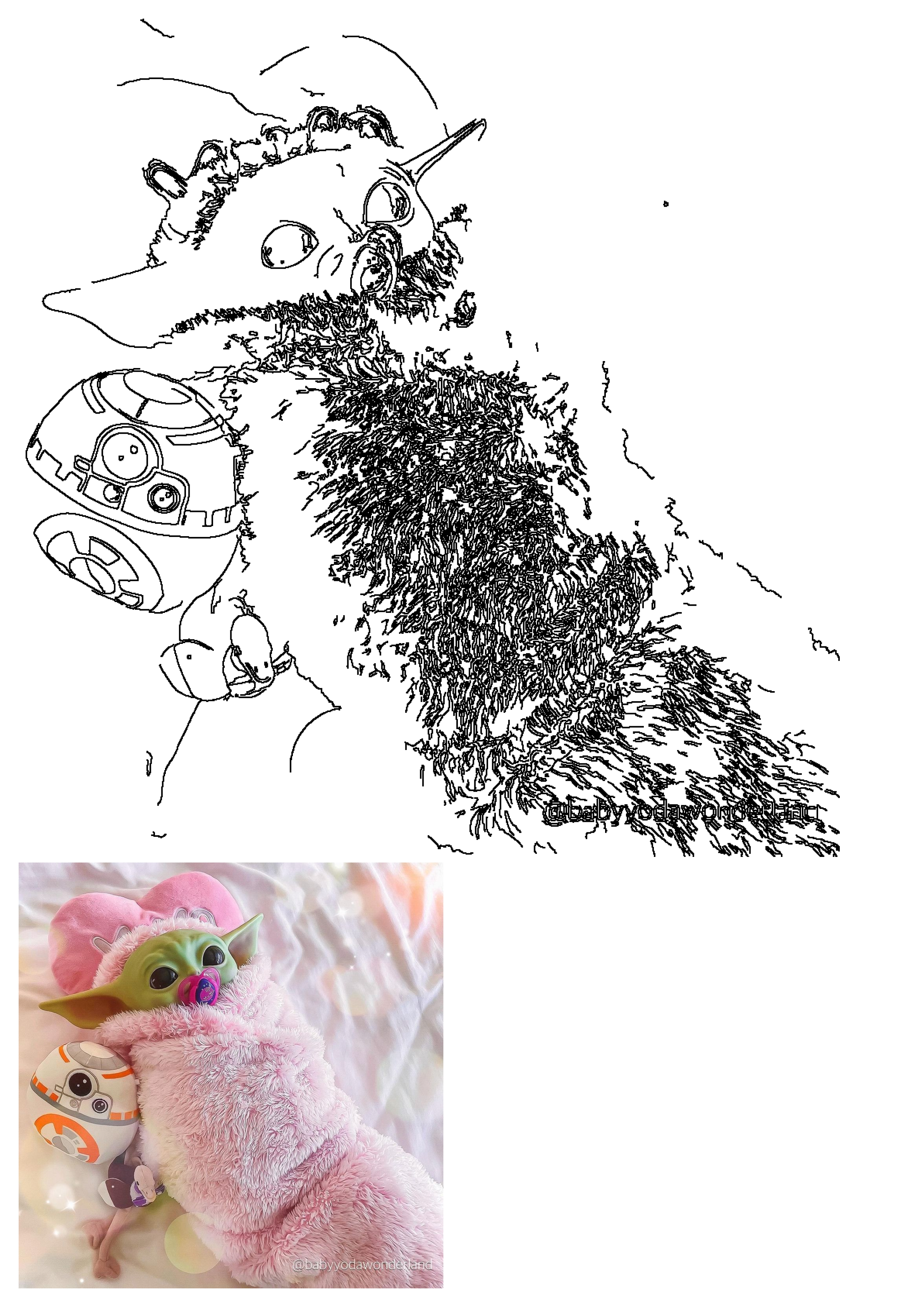 A cute Baby Yoda (Grogu) doll in a pink wonderland, snuggled in a fuzzy blanket with a pacifier and a BB-8 toy.