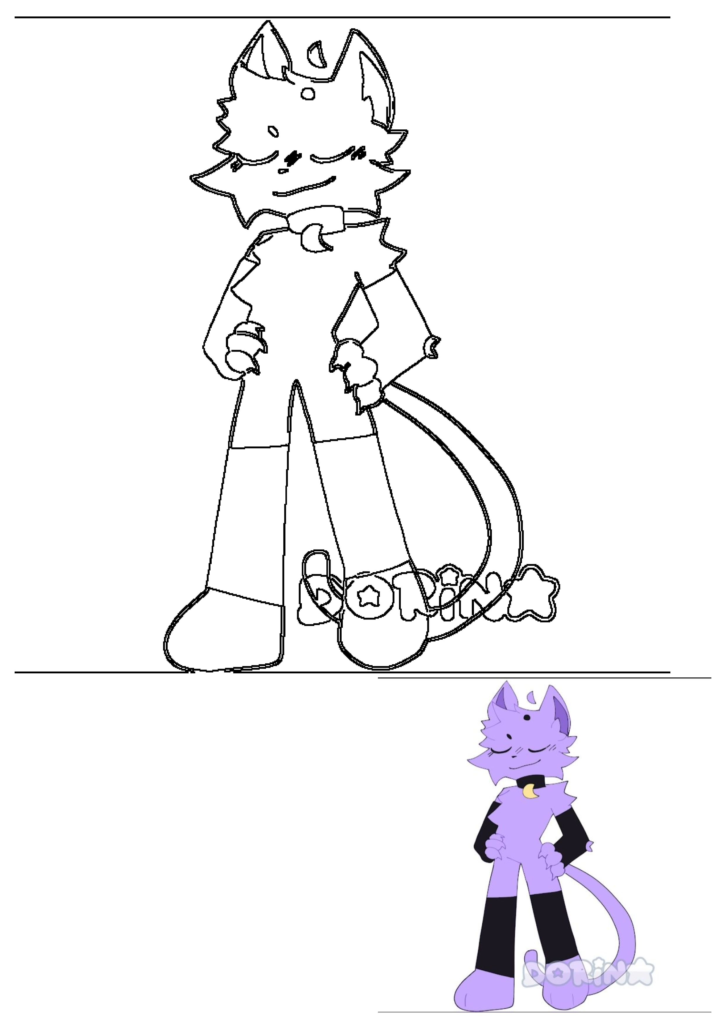Dorina, an anthropomorphic purple cat character design, featuring a stylized character with a crescent moon collar and star forehead.