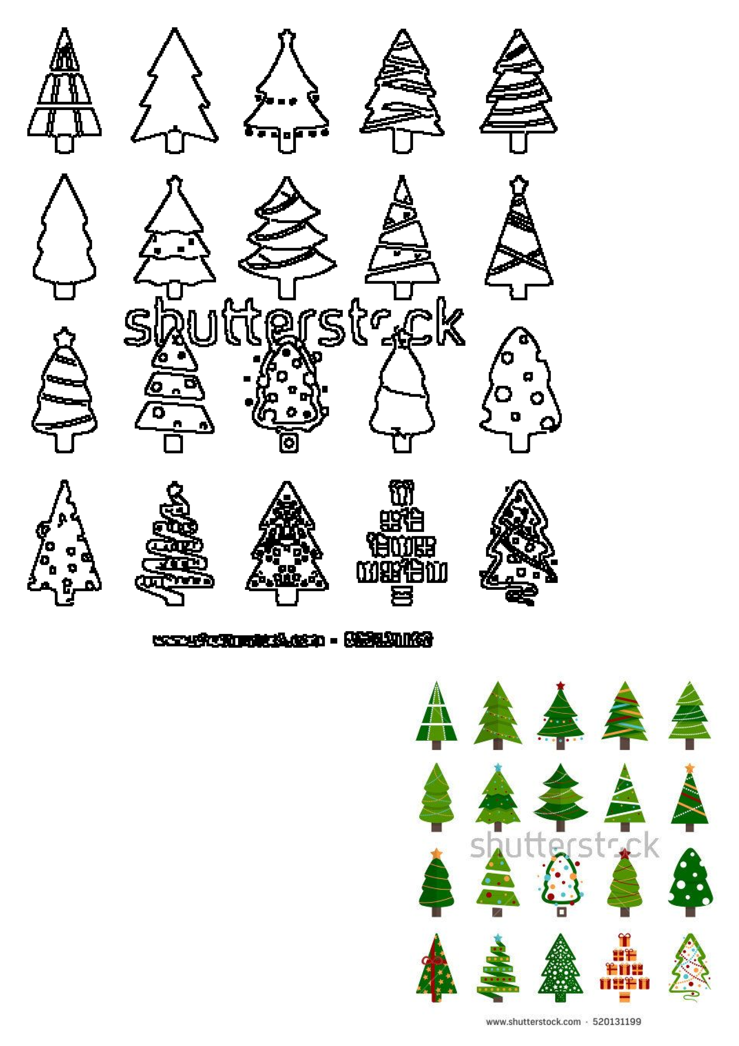 A versatile vector collection of Christmas trees, showcasing numerous black outline designs and vibrant decorated illustrations for holiday projects.