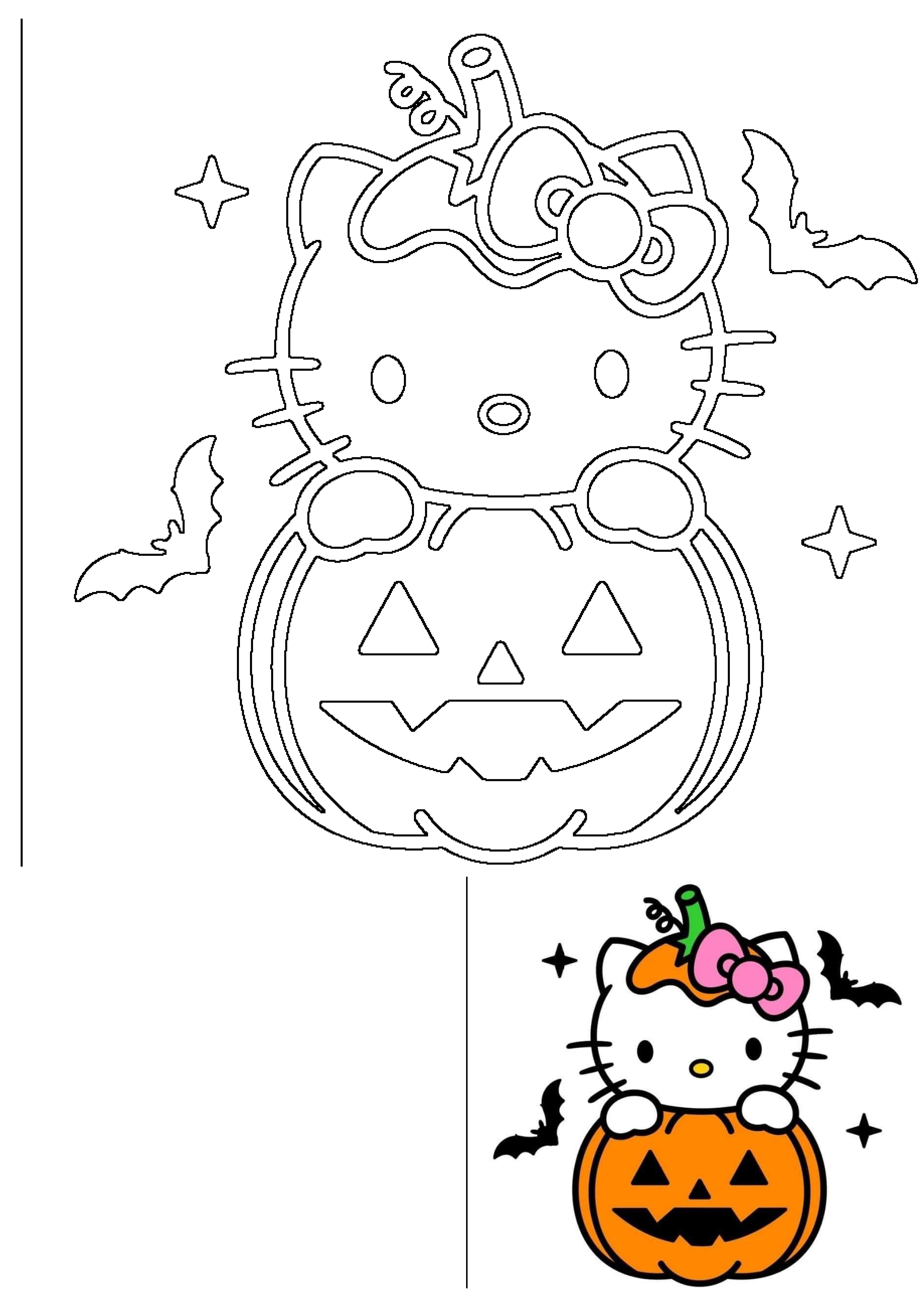 Hello Kitty peeks from behind a grinning jack-o'-lantern, surrounded by flying bats and stars for Halloween fun.