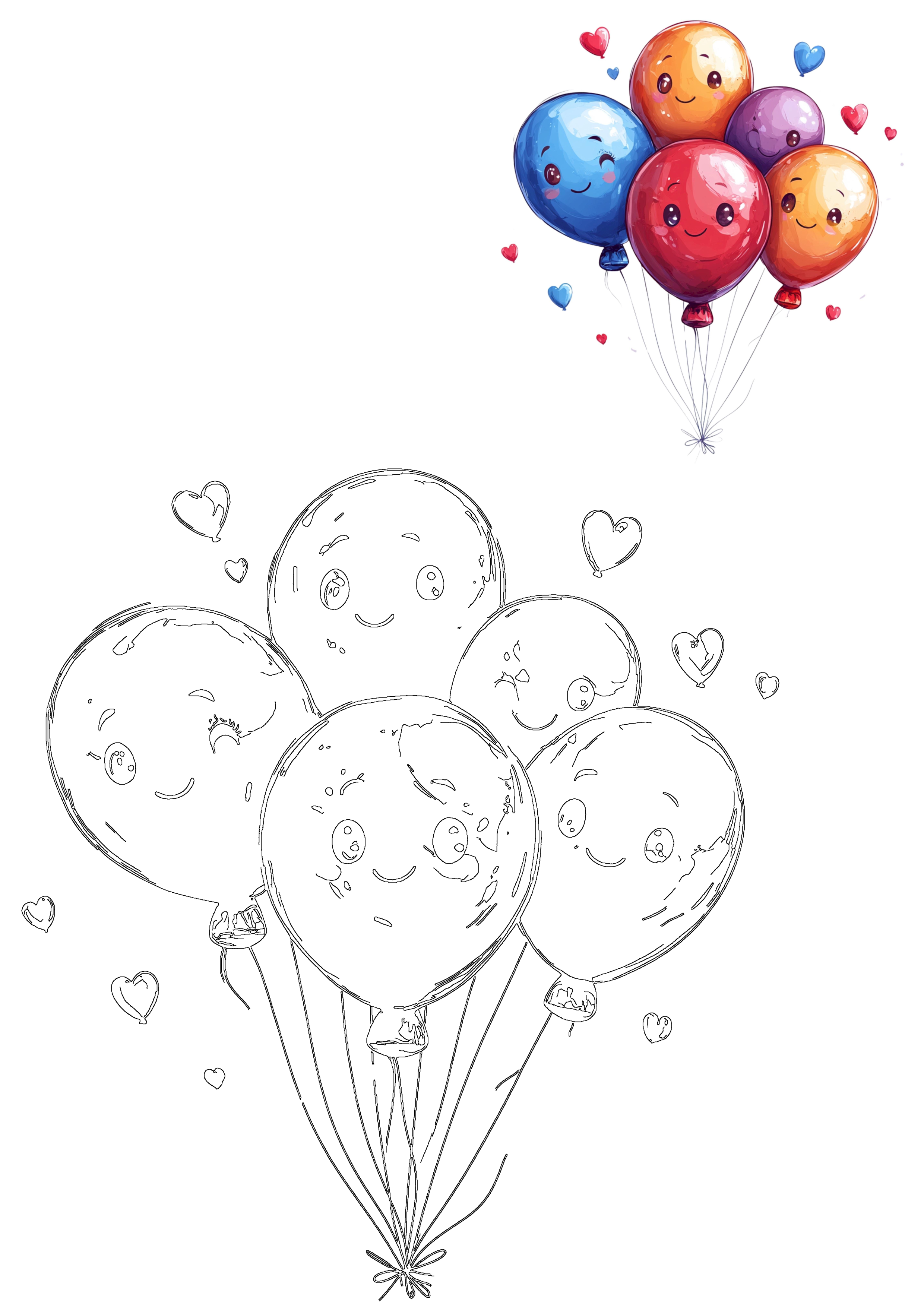 Vibrant cartoon balloons with happy smiling faces and hearts, plus a black and white outline drawing.