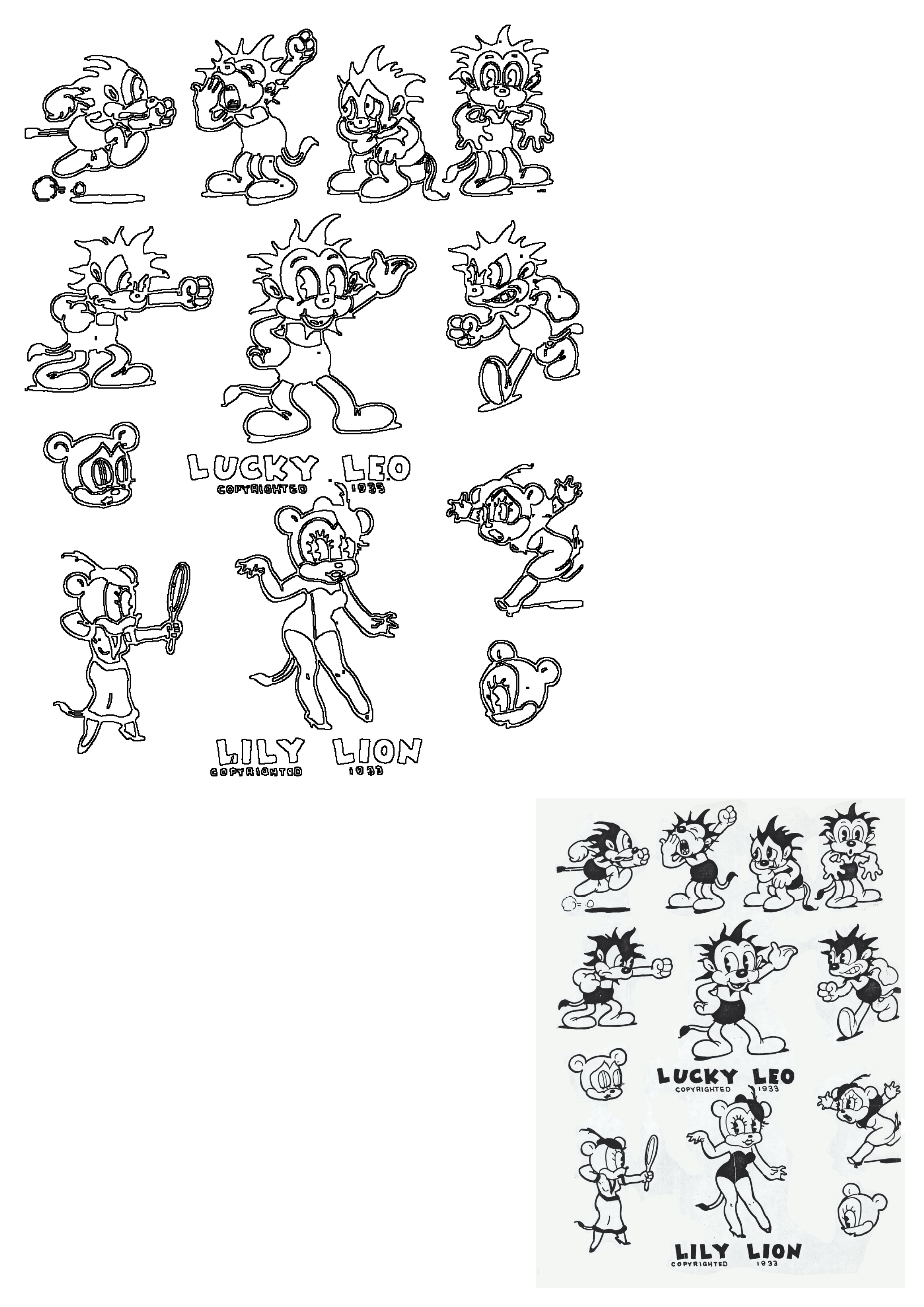 Vince Cafarelli's 1933 cartoon character designs for Lucky Leo and Lily Lion, featuring various poses and expressions.