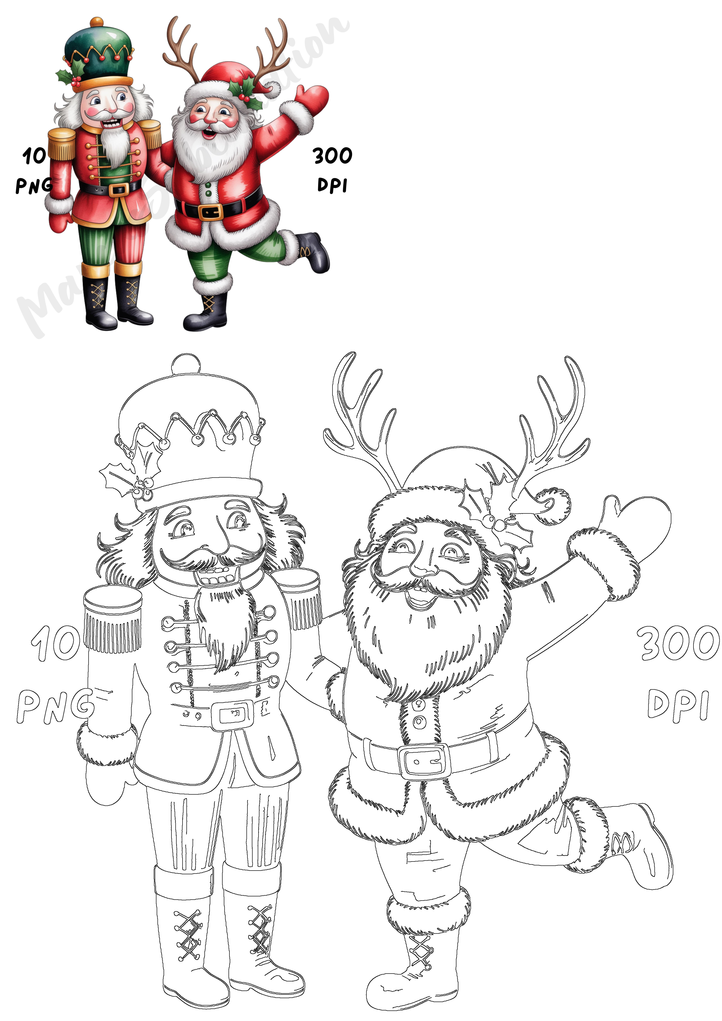 Festive Christmas illustration featuring a happy Nutcracker soldier and Santa Claus with reindeer antlers, available in color and outline.