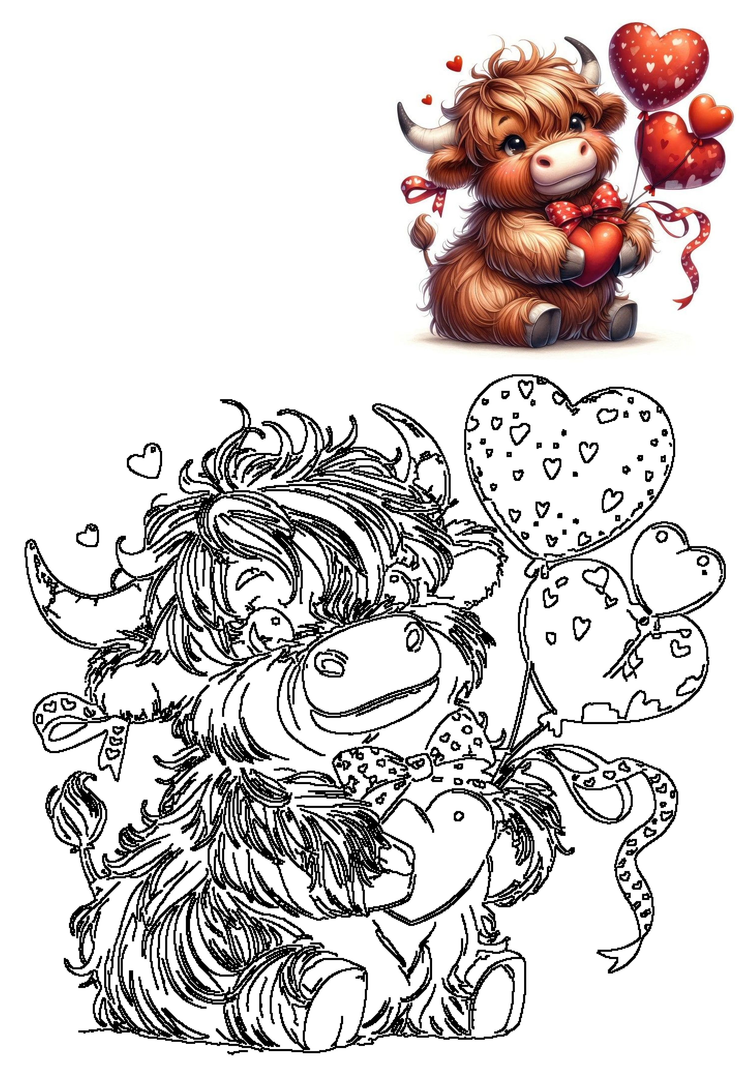 Adorable fluffy Highland cow calf sitting, holding a red heart and a bouquet of red heart balloons, perfect for Valentine's Day.