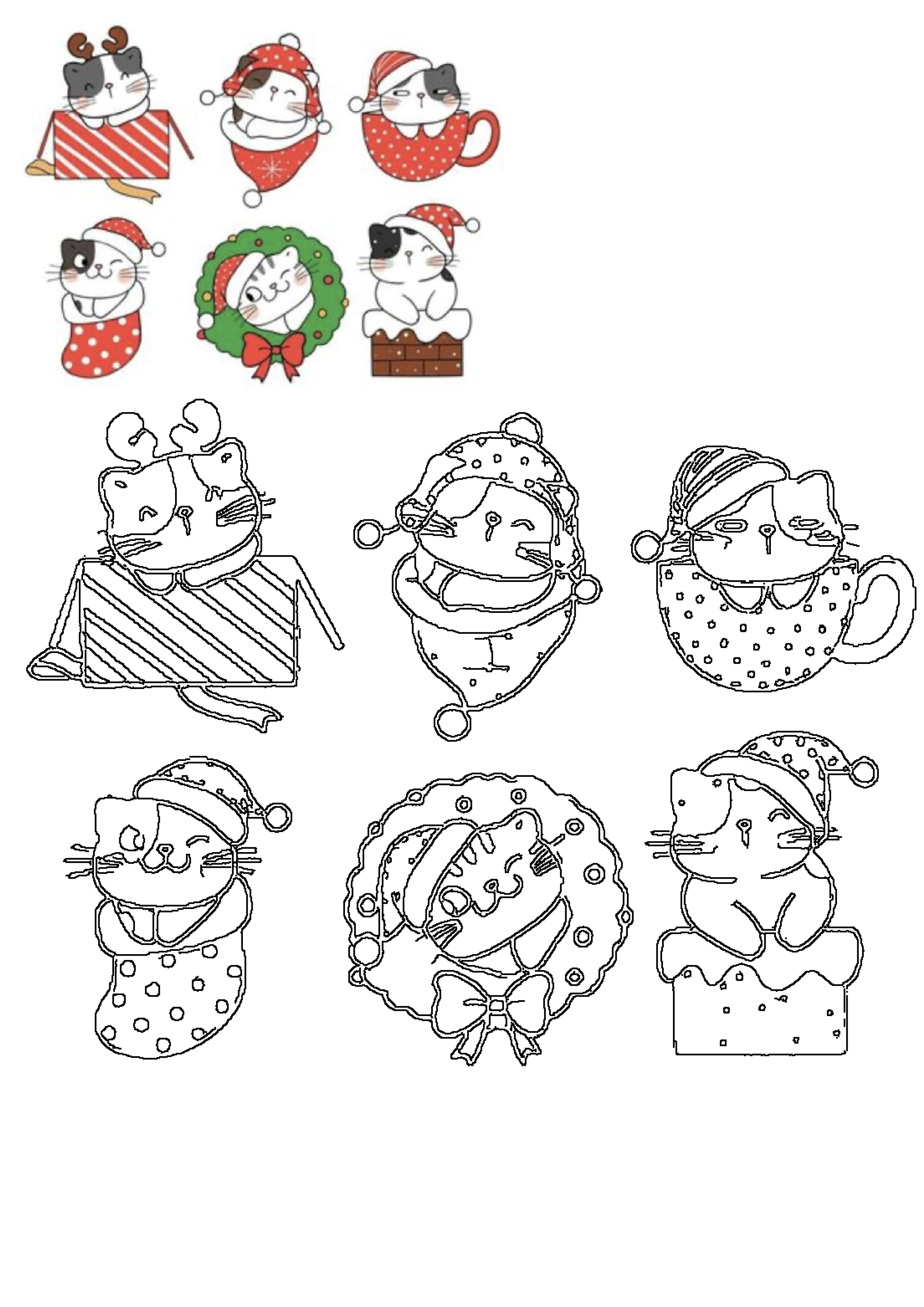 Adorable Christmas cats: cartoon illustrations and outlines featuring kitties in Santa hats, gift boxes, stockings, mugs, wreaths, and chimneys.
