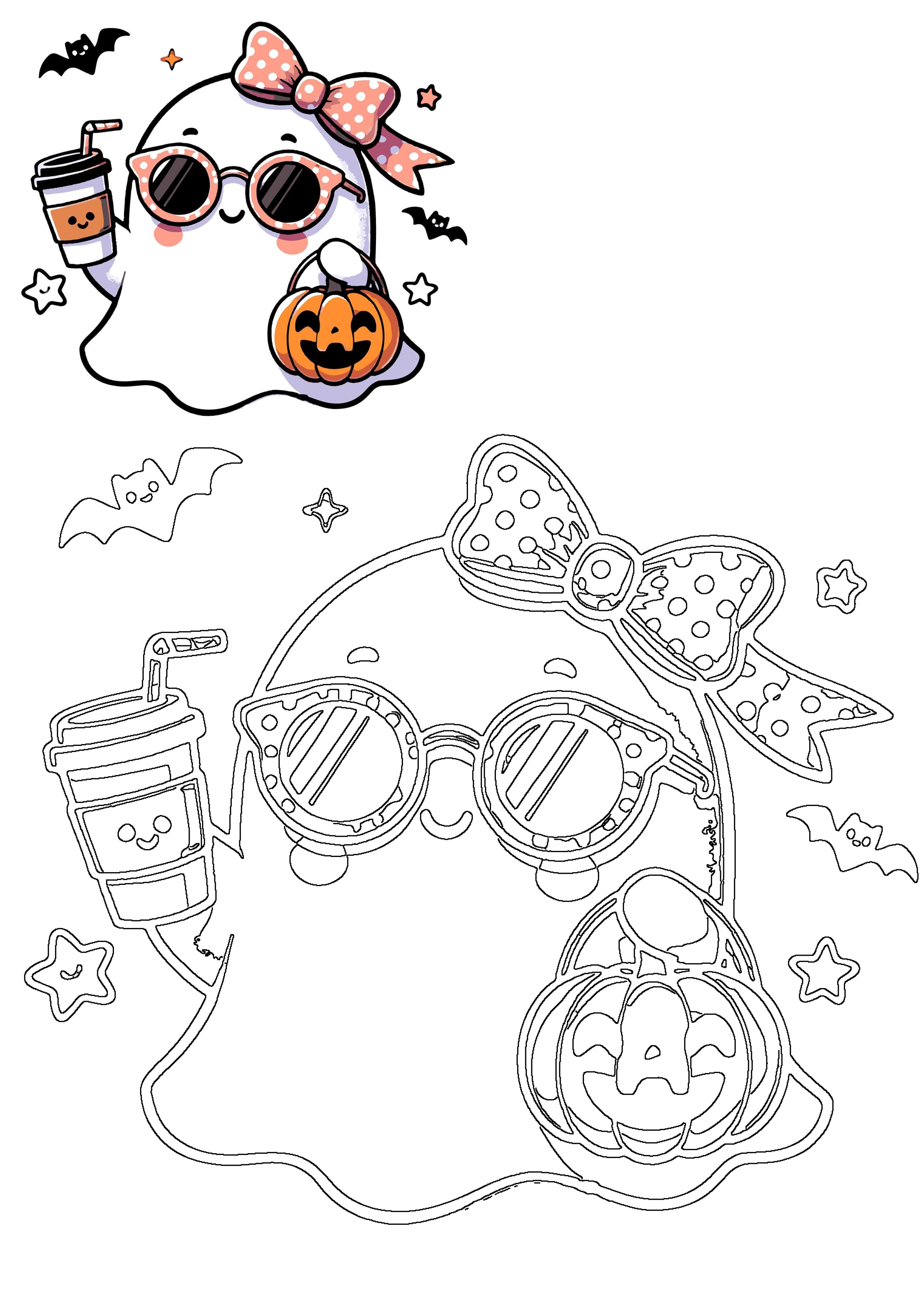 A cute Halloween ghost wearing sunglasses and a polka dot bow, holding coffee and a pumpkin bucket, surrounded by bats and stars. Includes a coloring page outline.