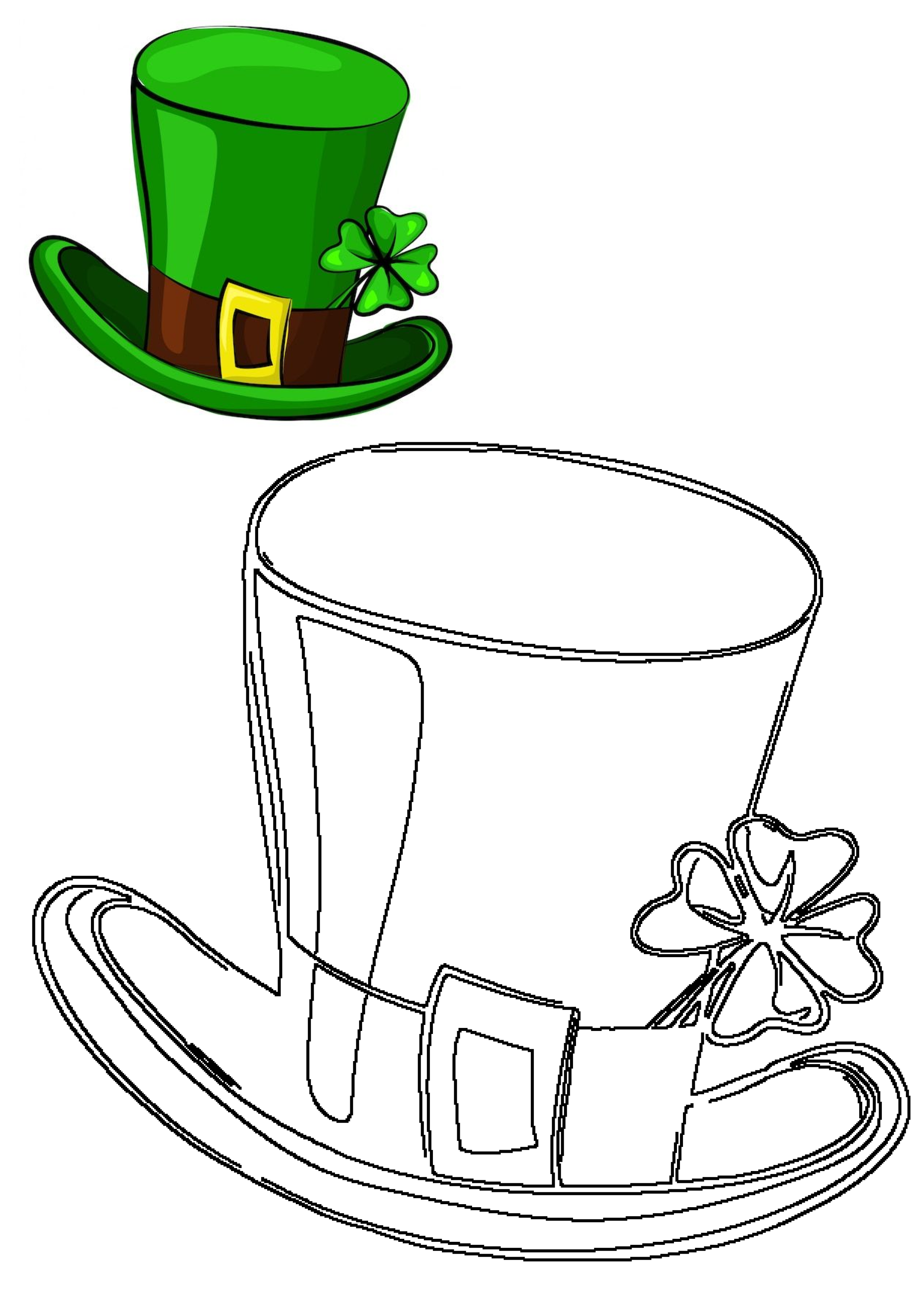 A vibrant green St. Patrick's Day leprechaun hat with a gold buckle and a four-leaf clover, shown alongside its outline for coloring.