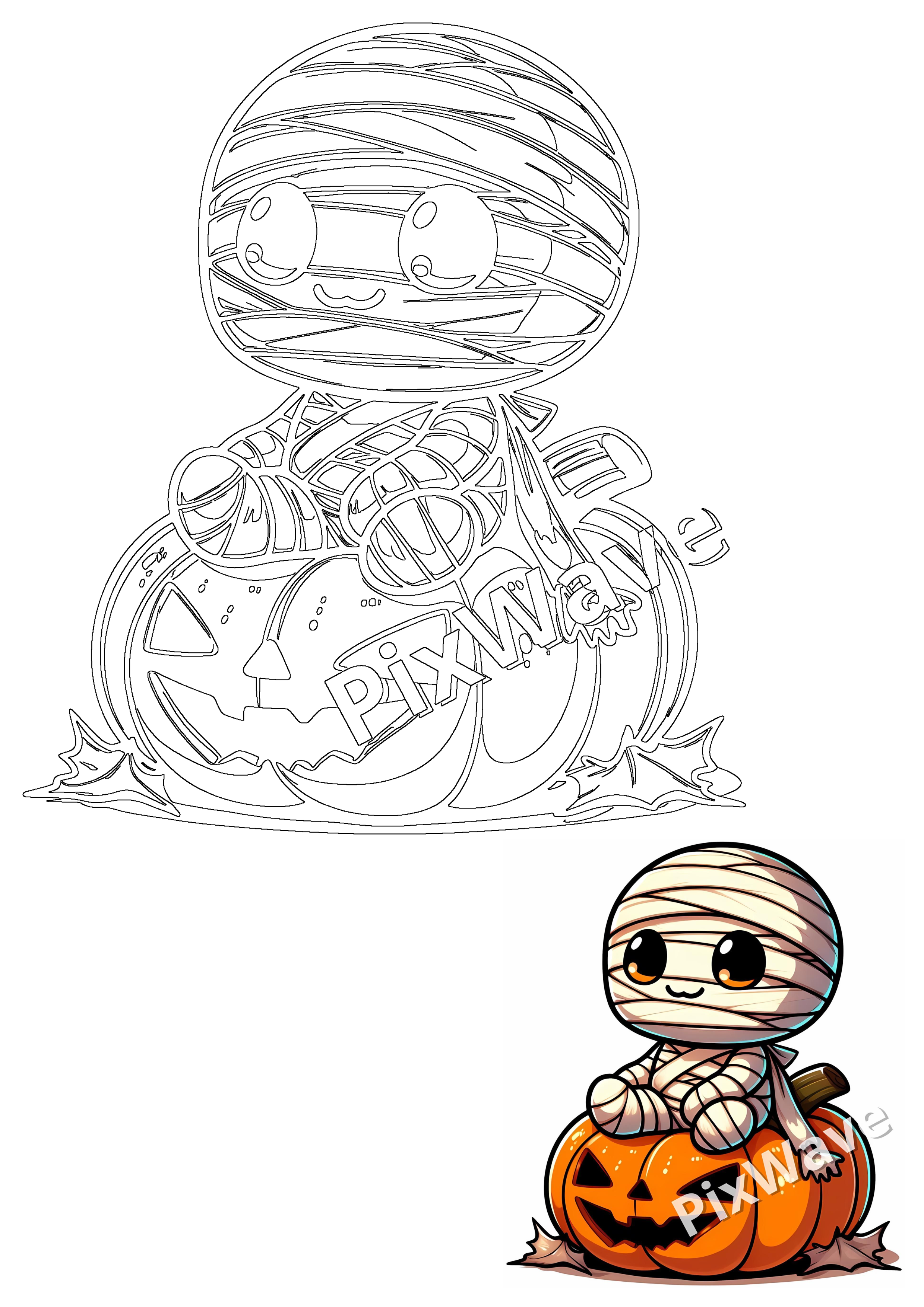 A cute Halloween mummy character wrapped in bandages, sitting on a carved pumpkin. Perfect for spooky season designs.