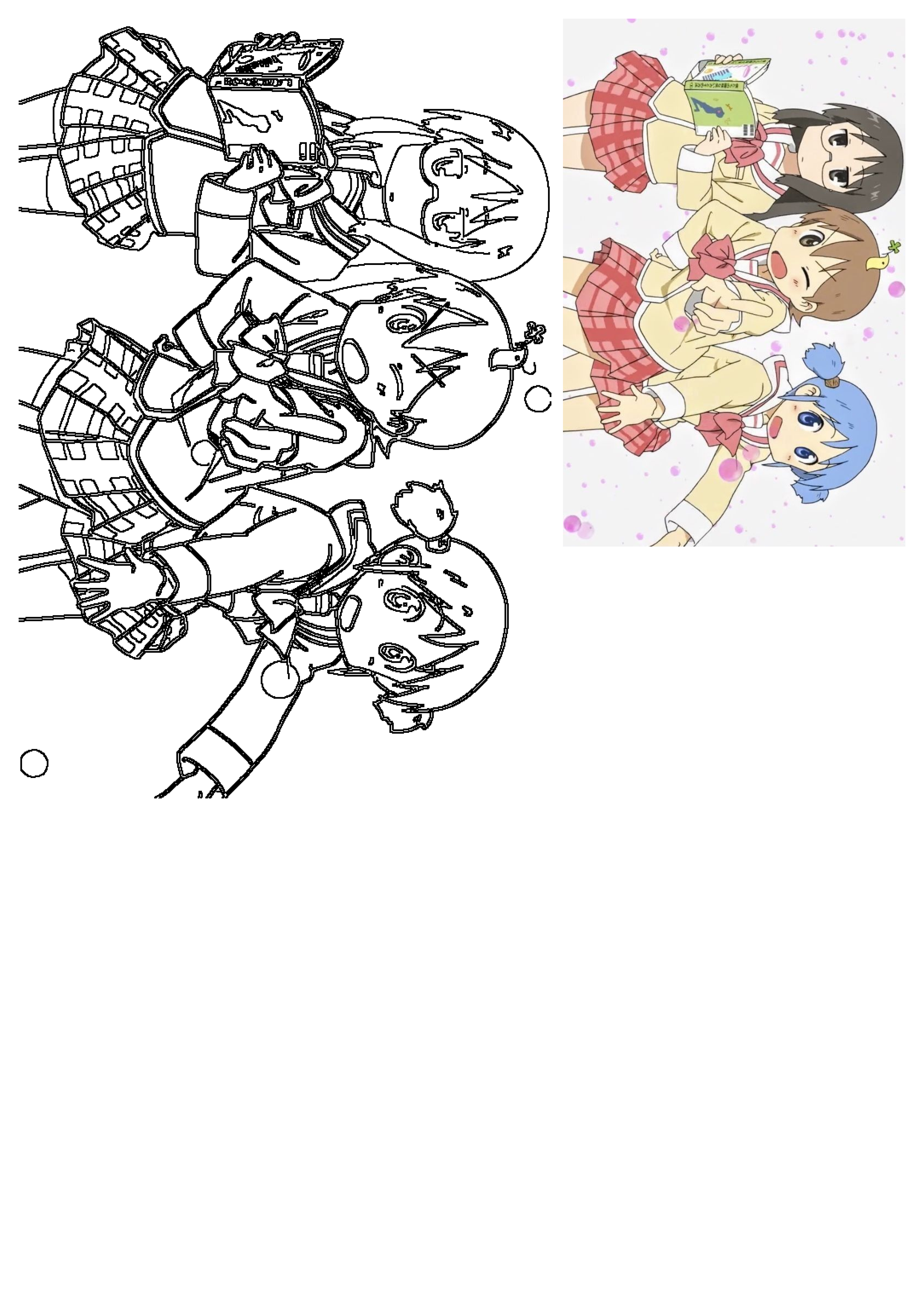 Cute Nichijou anime characters in a vibrant watercolor-style poster and line art for invitations. Features three girls in school uniforms.