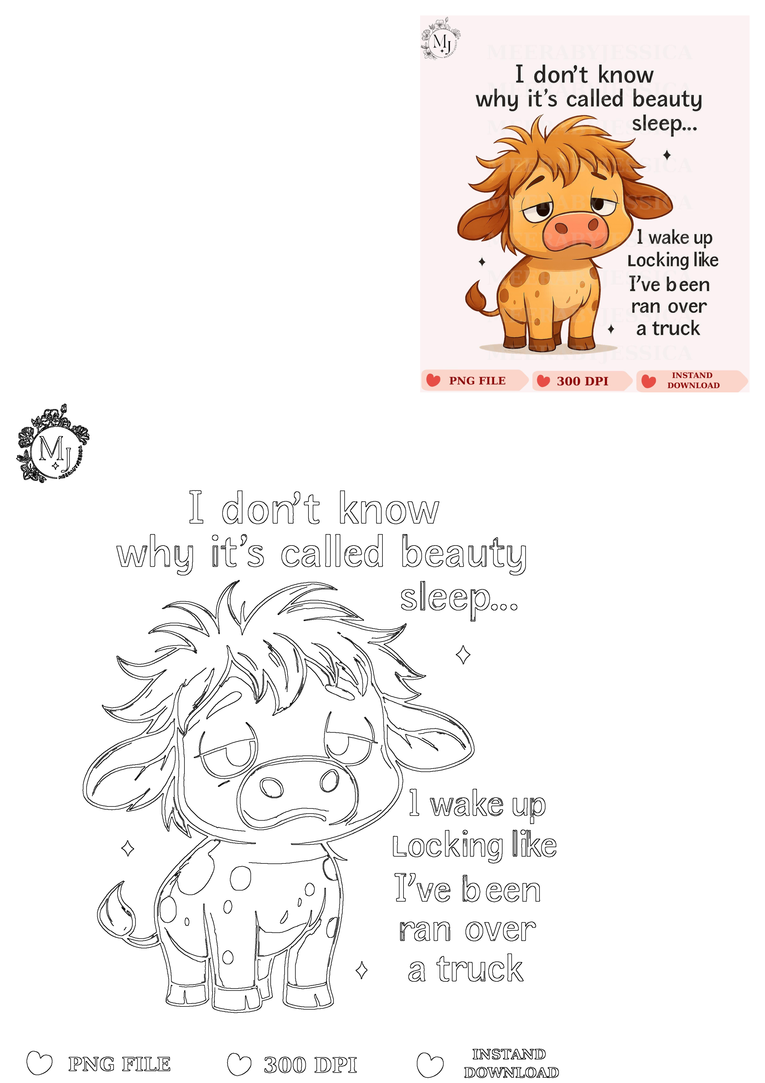 Funny cartoon cow illustration depicting a tired, messy cow after 'beauty sleep' with a humorous quote about waking up.