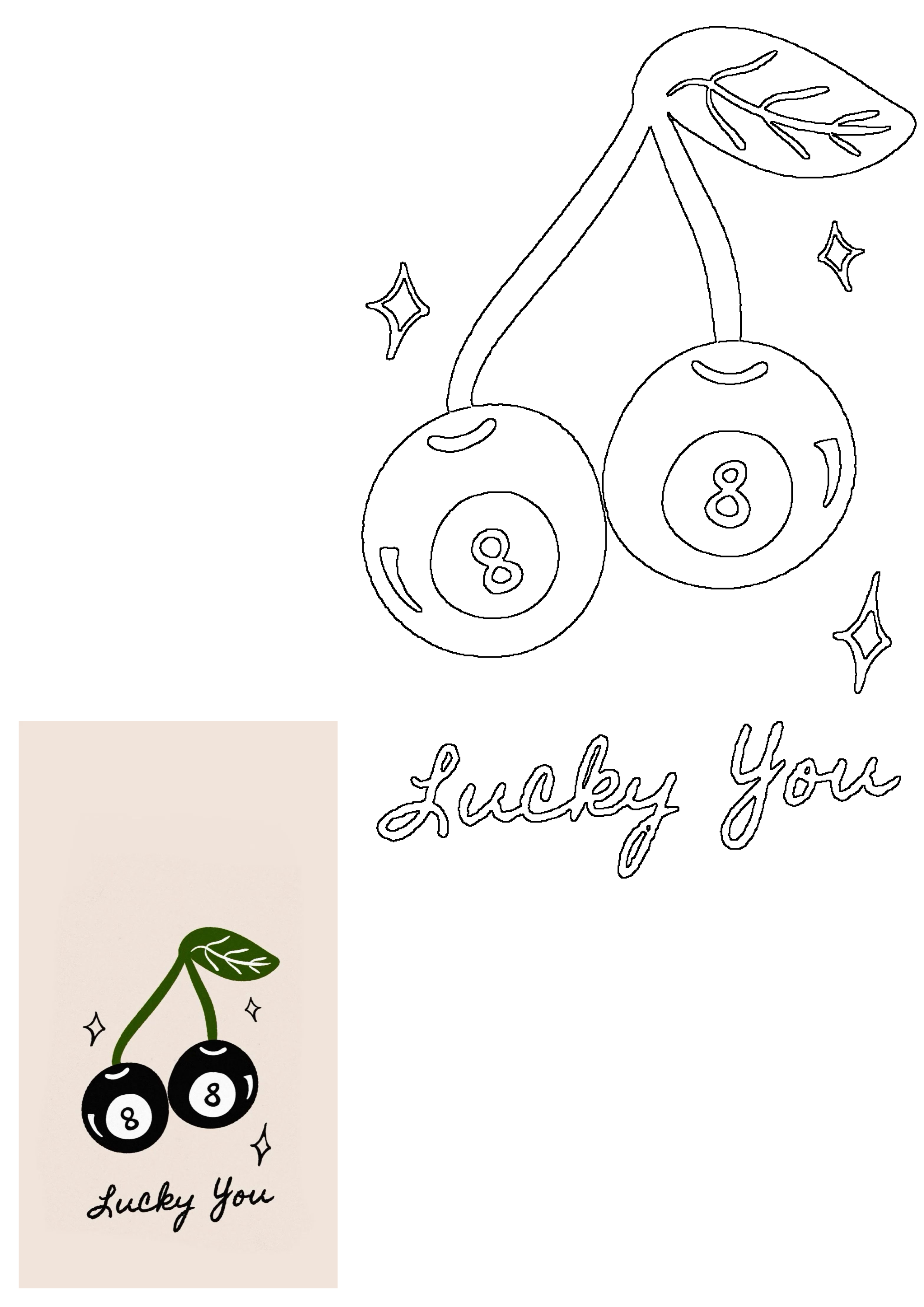 Lucky You eight-ball cherries illustration featuring two black 8-ball fruits, green stem, leaf, sparkles, and 'Lucky You' text.