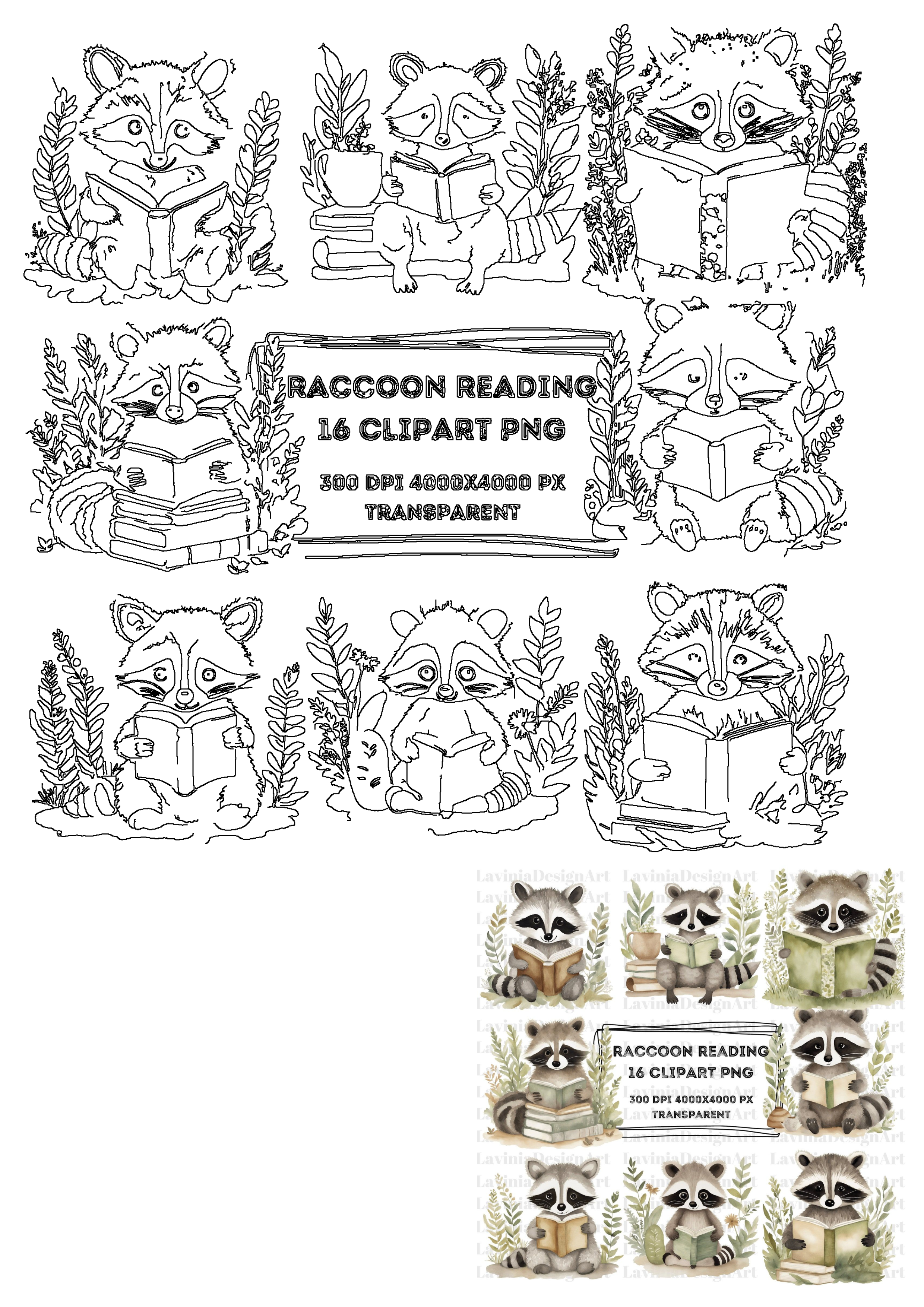 Charming raccoon reading books digital clipart set featuring watercolor illustrations and versatile outline art. Ideal for creative projects.