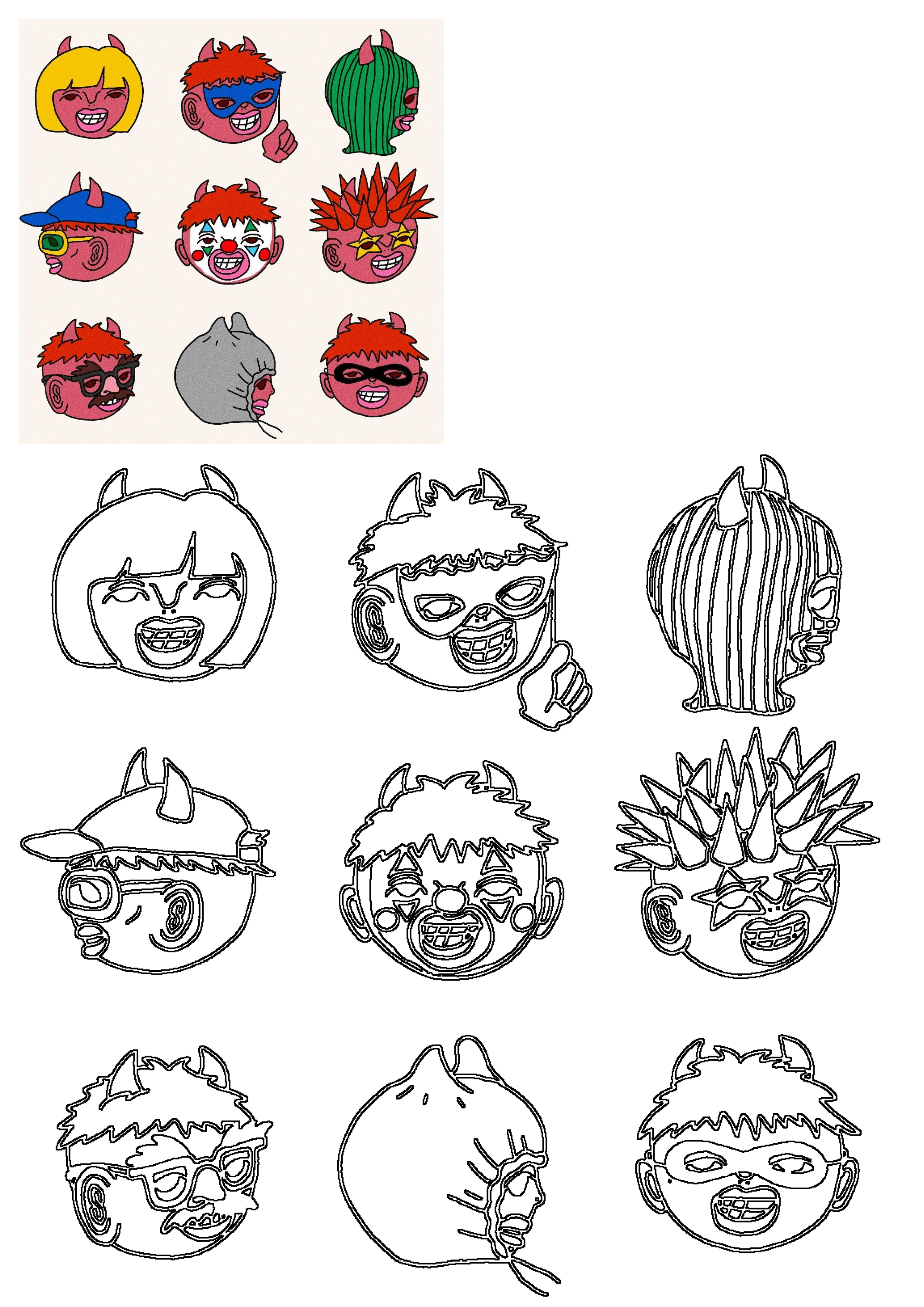 Collection of whimsical cartoon devil faces in various disguises, presented as vibrant illustrations and matching black-and-white line art.