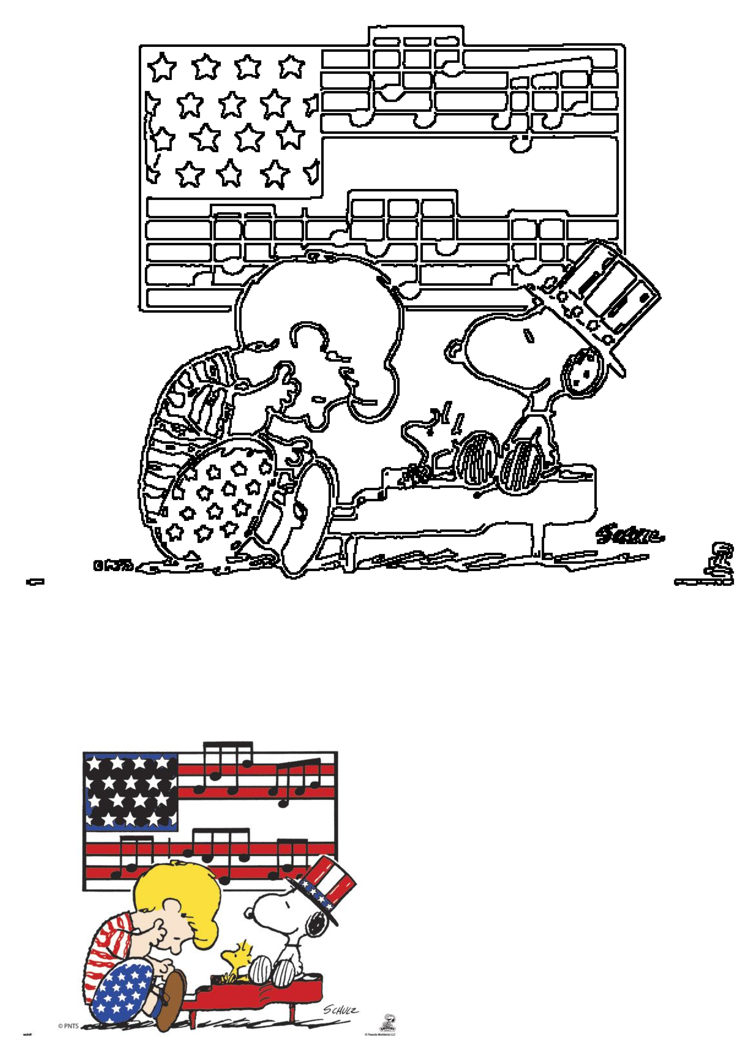 Snoopy, wearing an Uncle Sam hat, plays piano with patriotic Lucy nearby. An American flag featuring musical notes is the backdrop.