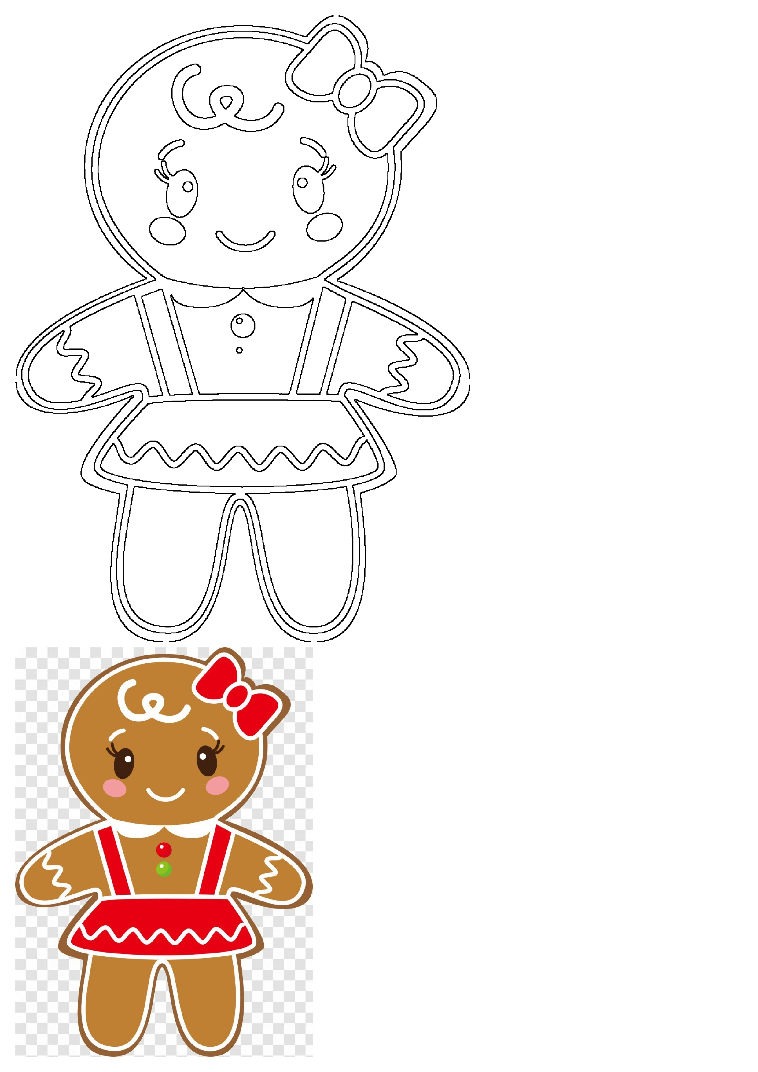 Cute gingerbread girl featuring a black outline drawing and a full-color design with red bow, dress, and rosy cheeks for holidays.