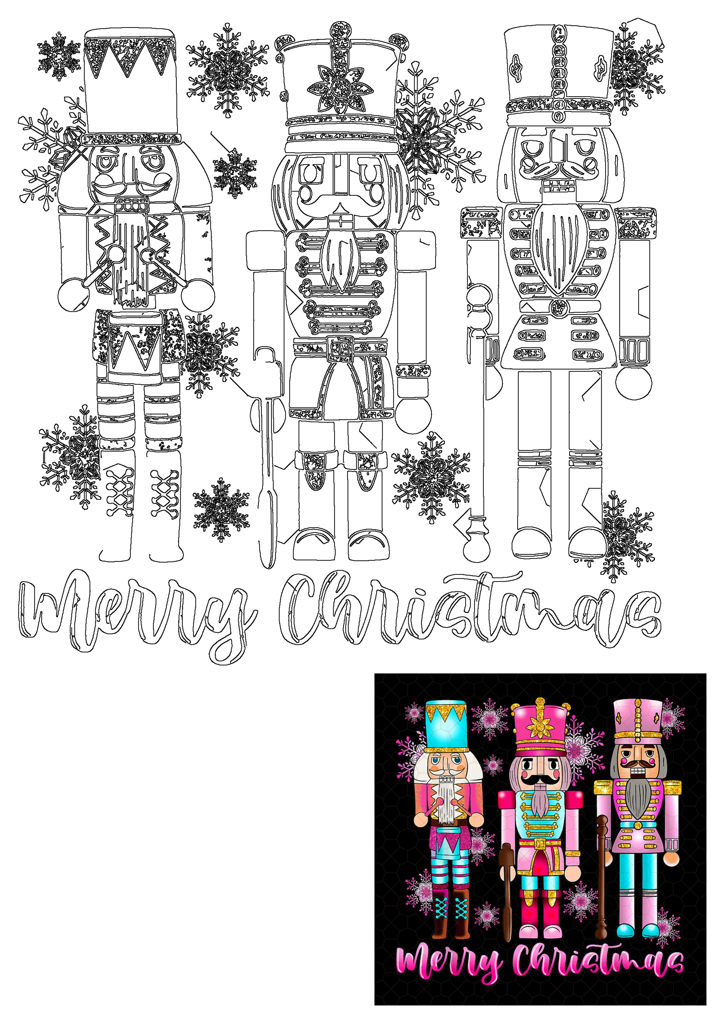 Festive Christmas Nutcracker soldiers with ornate details, sparkling snowflakes, and 'Merry Christmas' text, a joyful holiday design.