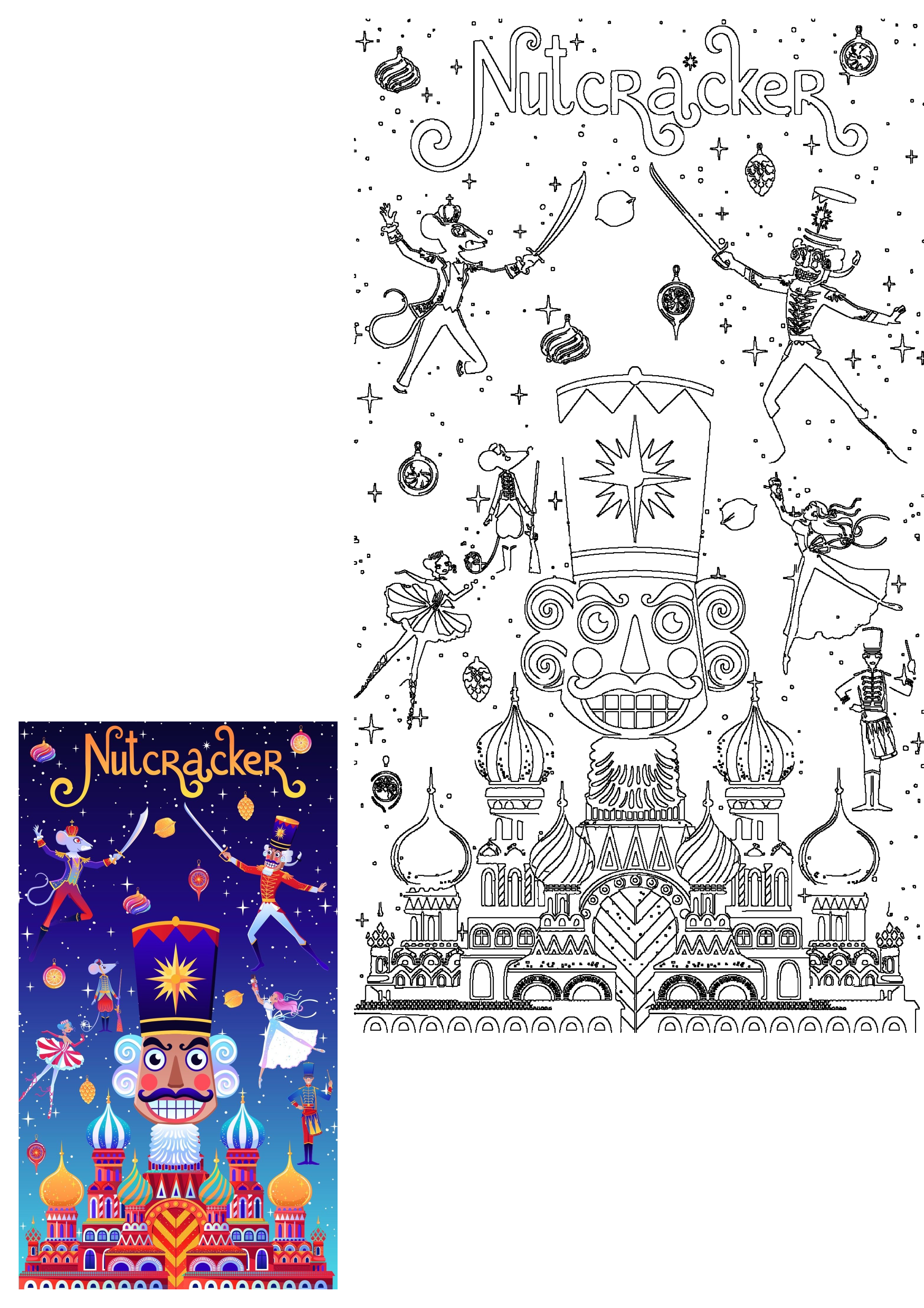 A vivid Nutcracker ballet illustration featuring characters like the Nutcracker and Mouse King, and a festive castle, presented next to its blank outline version.