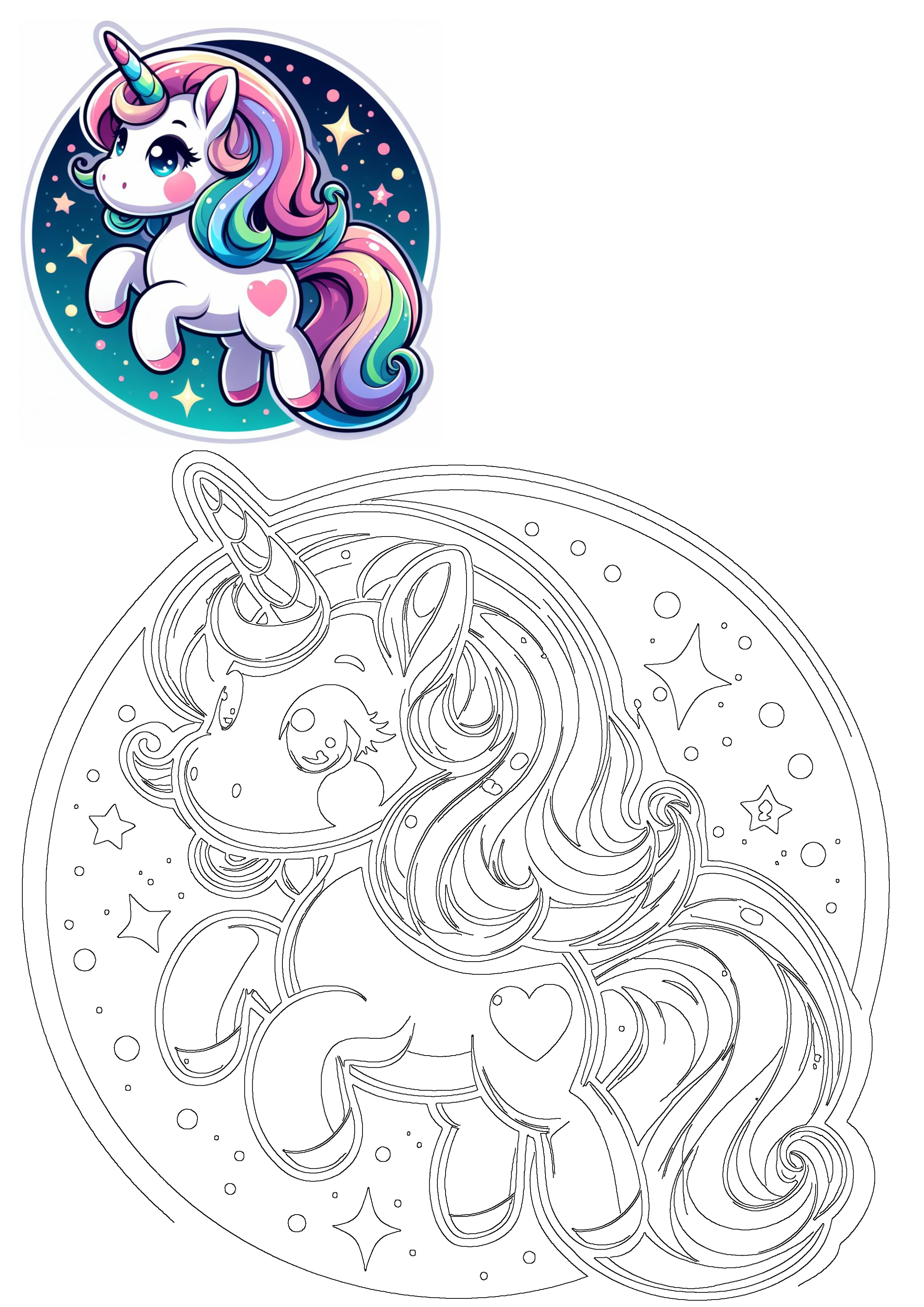 Adorable rainbow unicorn sticker and matching outline design, featuring a magical mane, big blue eyes, and a heart for creative fun.