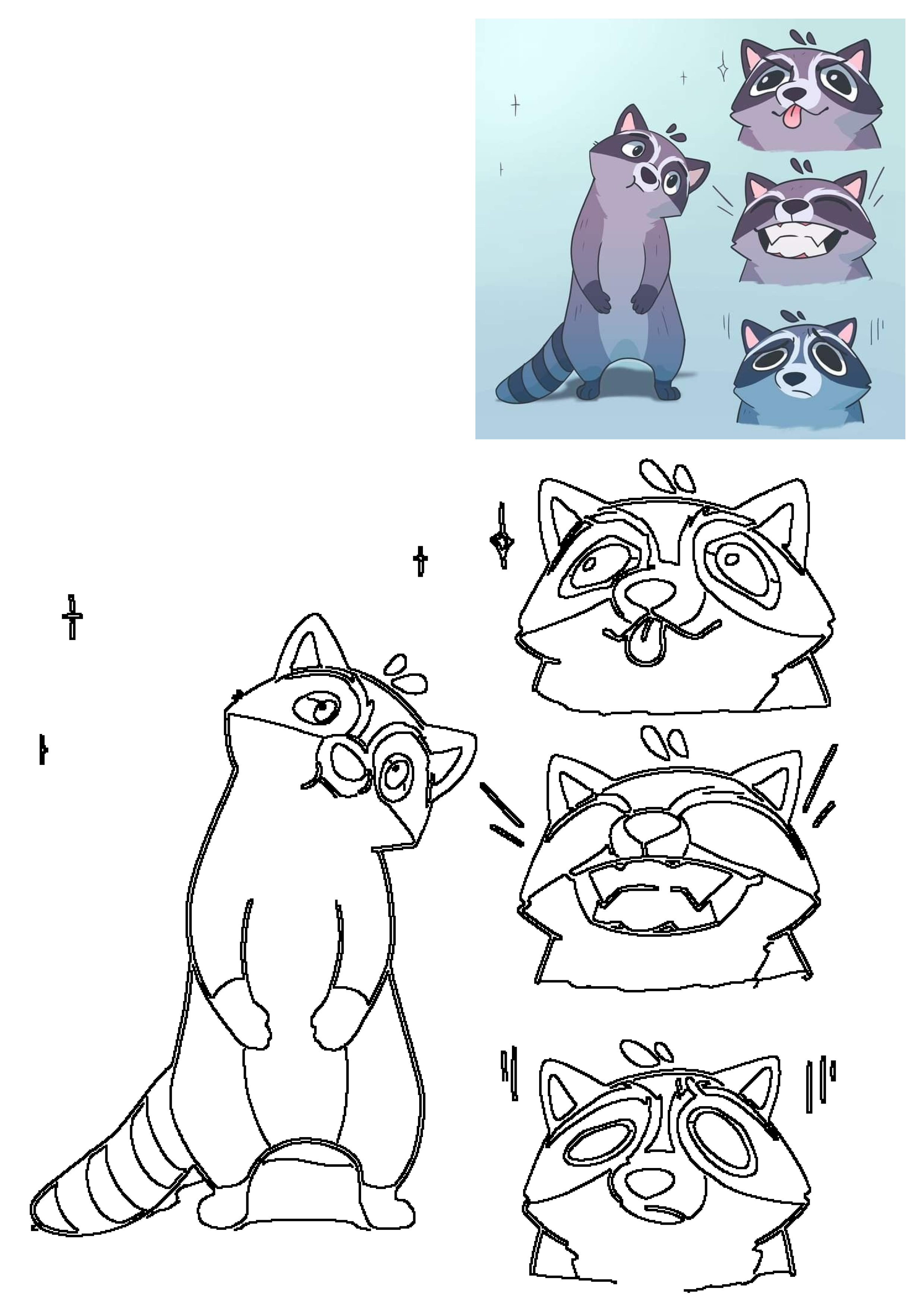 A charming cartoon raccoon illustration showcasing a range of cute emotions, from playful and happy to curious and sad expressions.